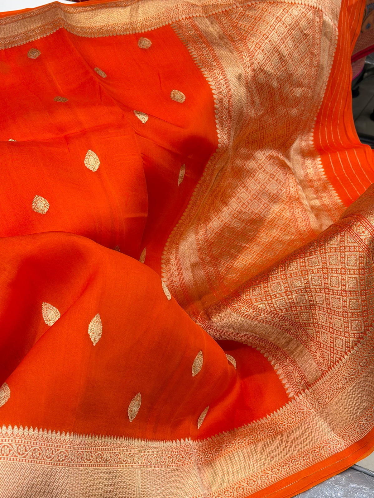 Orange Buttis Handloom Banarasi Kora Silk Saree