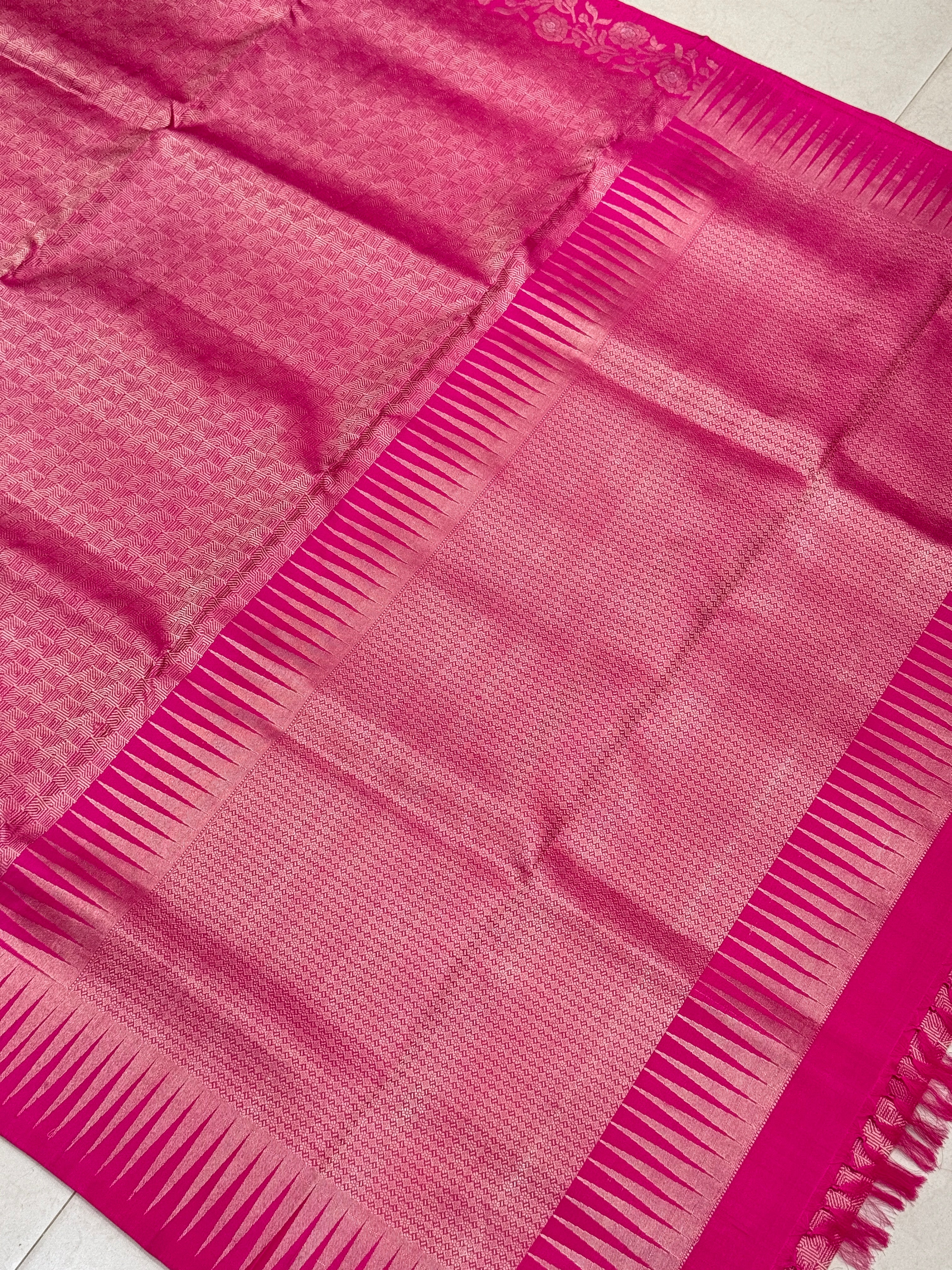 Rani Pink Rose Border Brocade Handloom Kanchipuram Pure Silk Saree