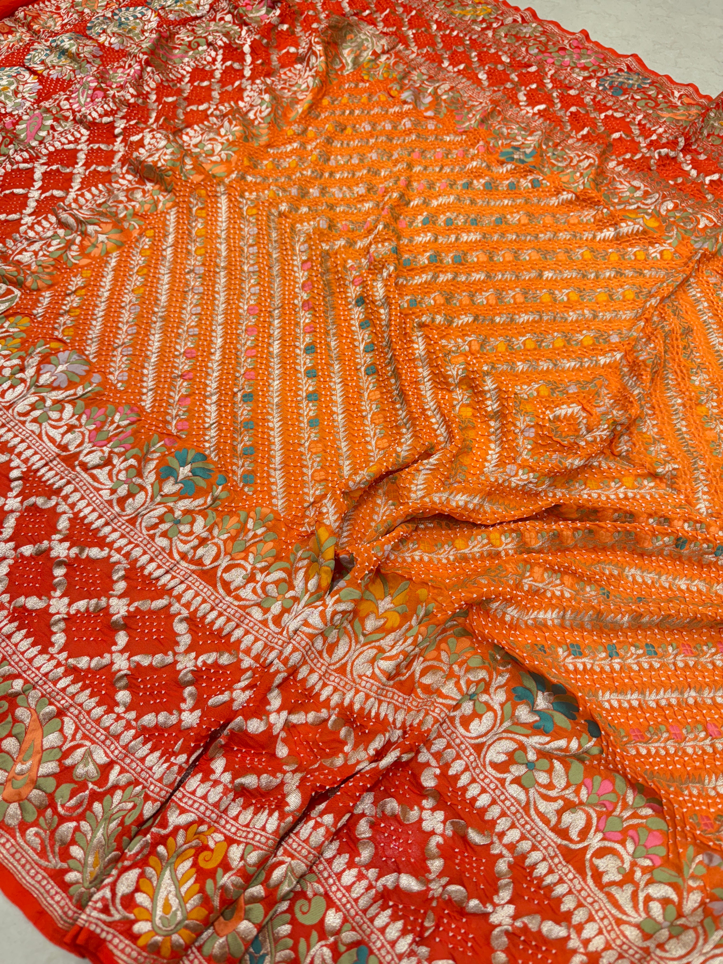 Shaded Orange Jaal Handloom Meenakari Rai Bandhej Pure Zari Dupatta