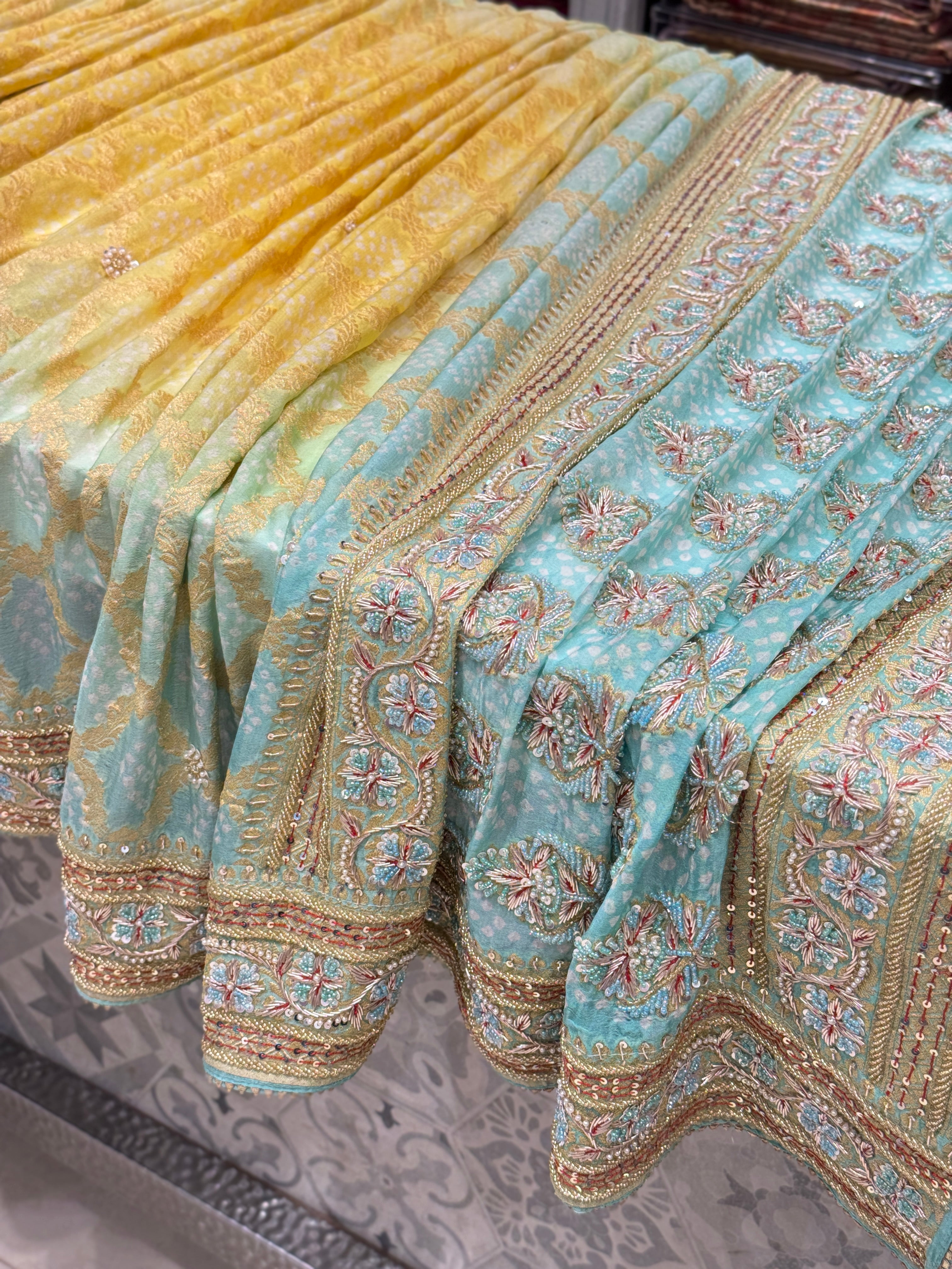 Pastel Shaded Bandhej Hand Embroidery Saree