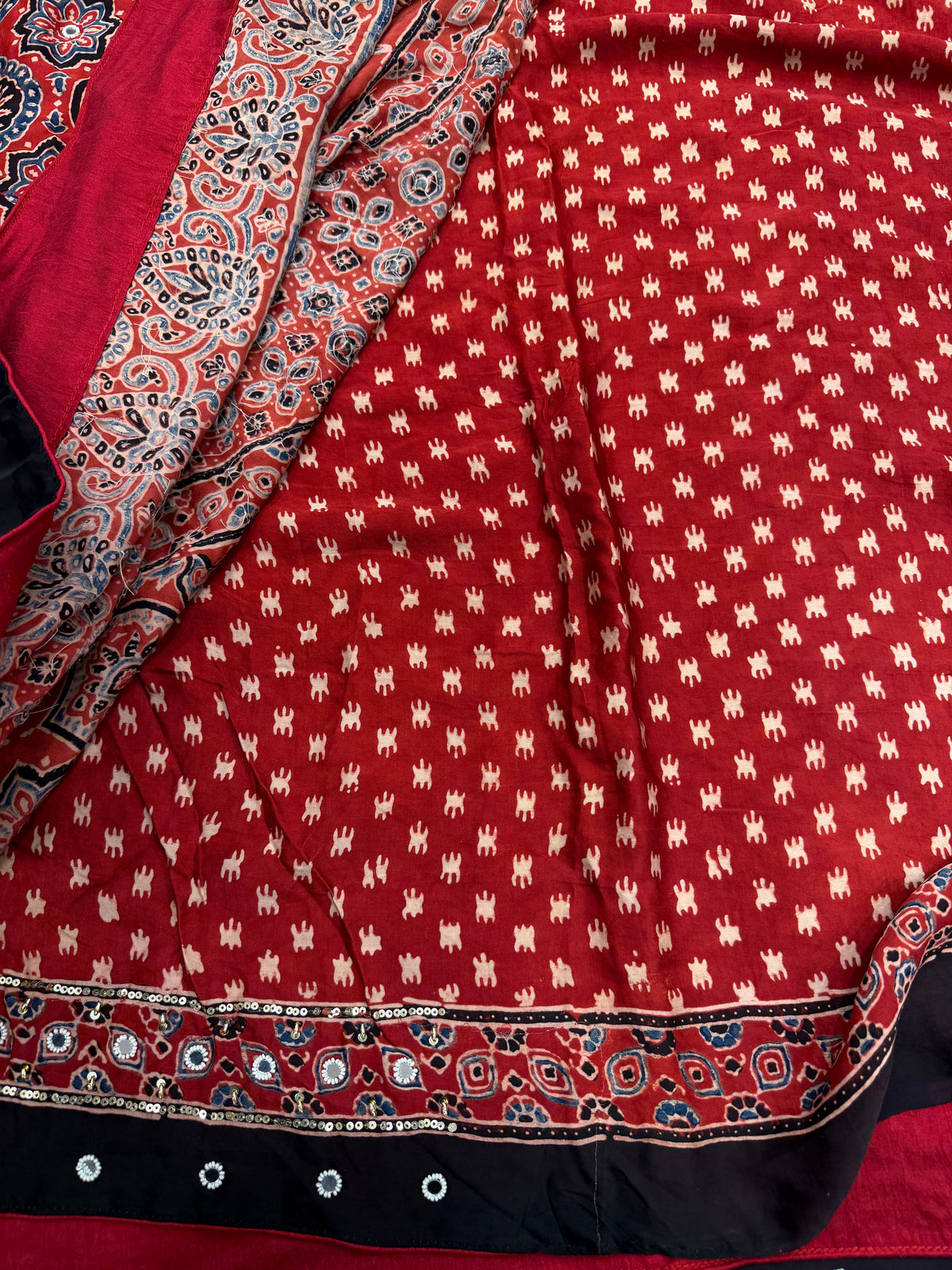 Red Badam Jaal Ajrakh Real Mirror Moti Sequin Hand Embroidery Saree