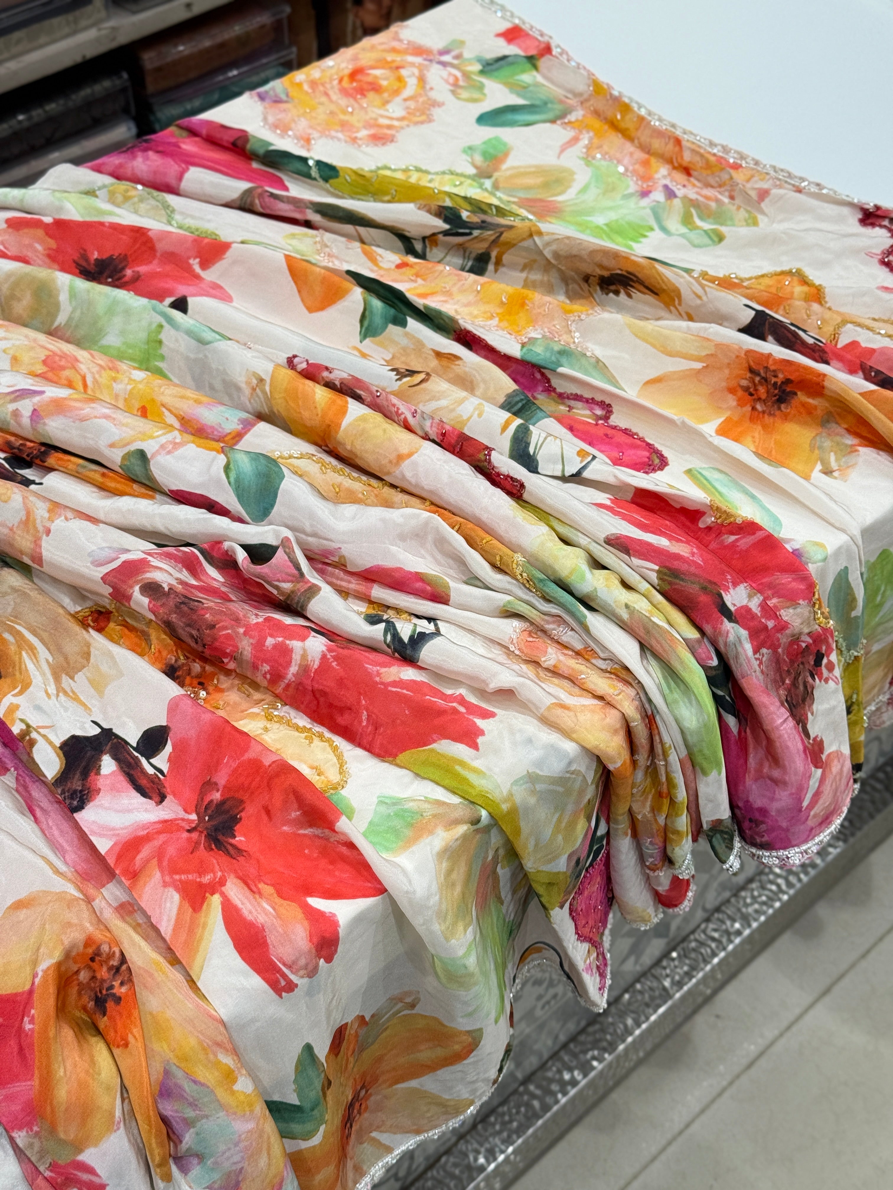 Multi Colour Print Muslin Hand Embroidery Saree