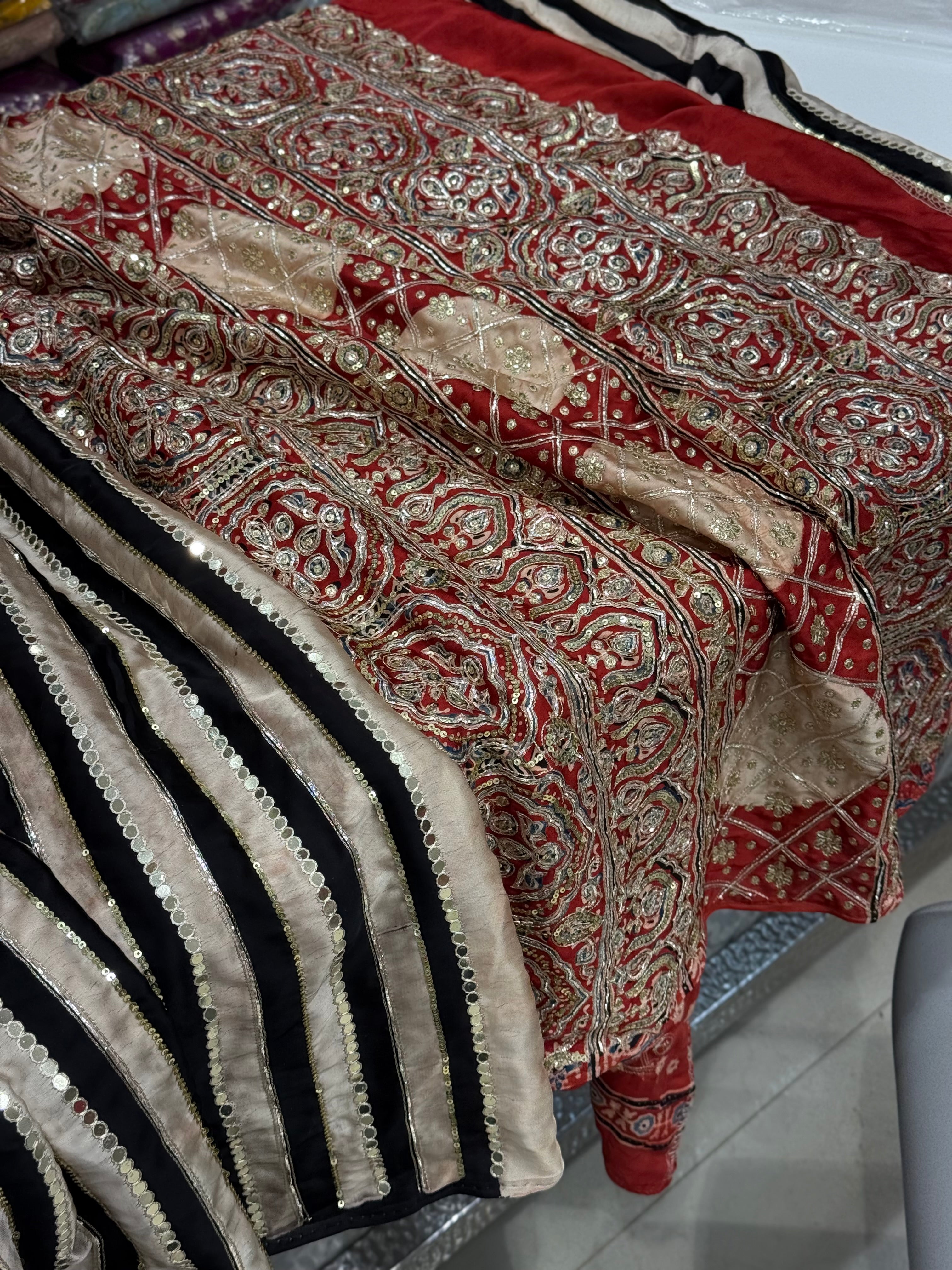 Black White Contemporary Mirror Ajrakh Hand Embroidery Saree