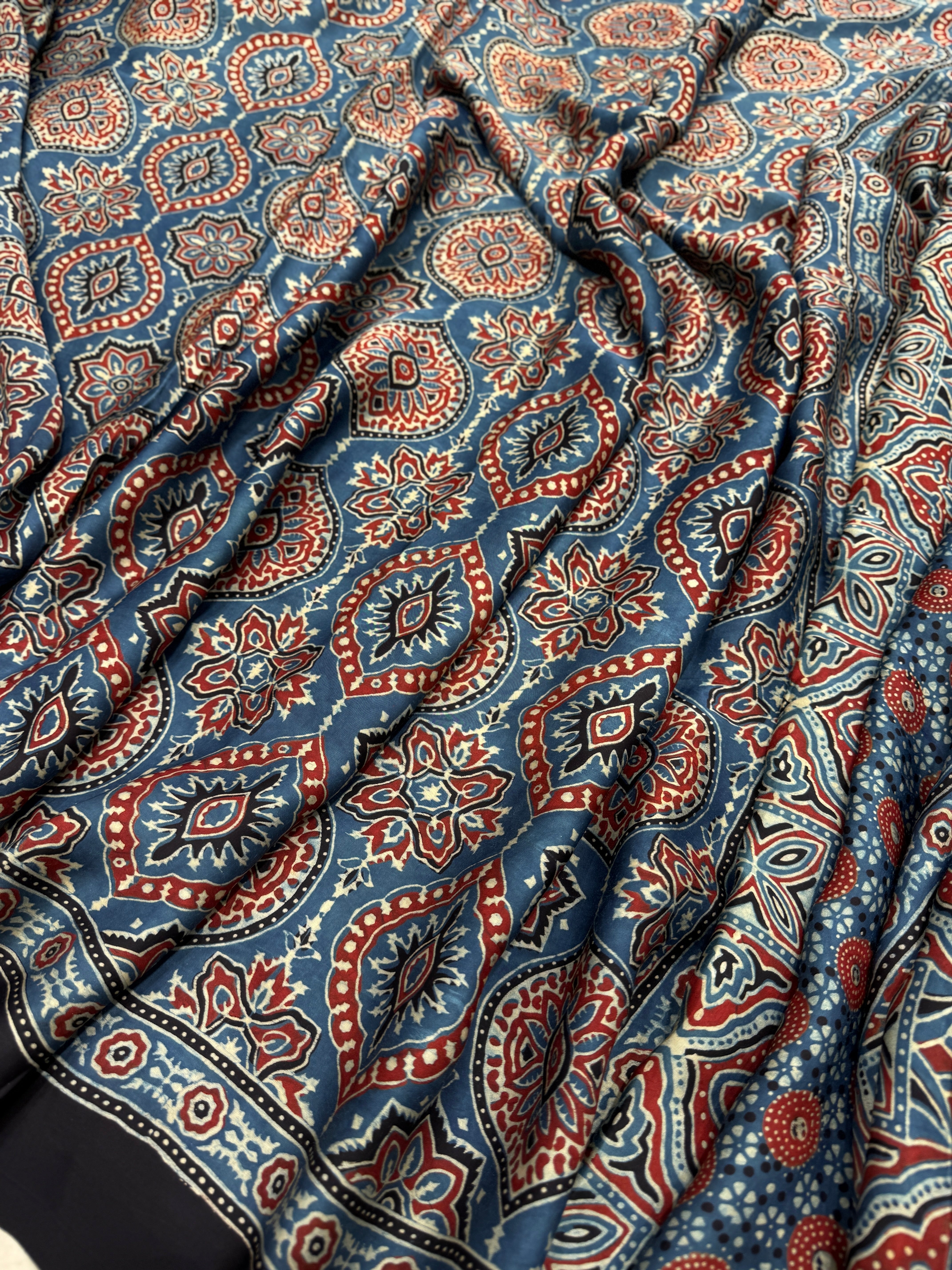 Blue Jewelled Flower Ajrakh Modal Gajji Silk Saree