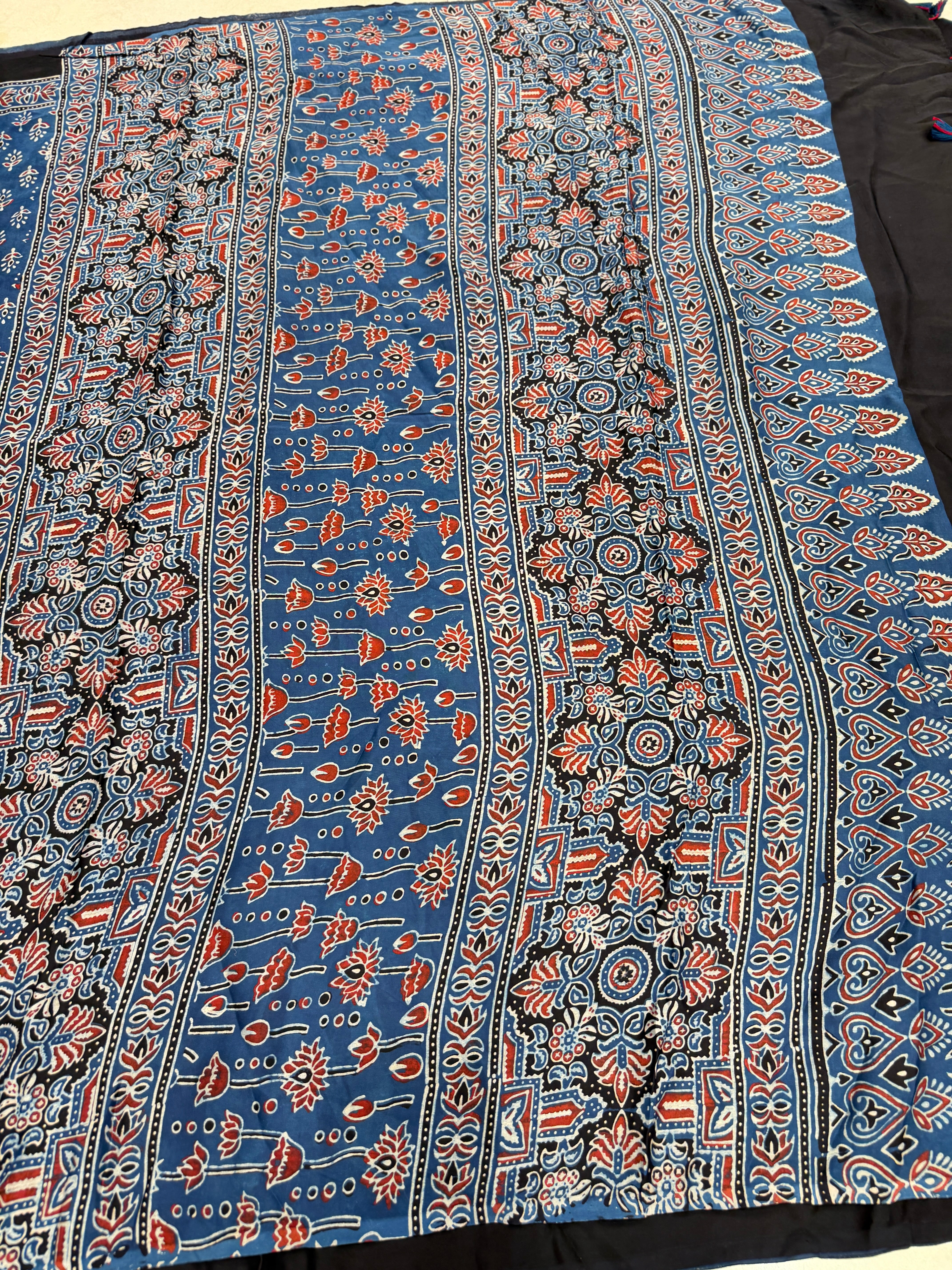 Blue Diya Buttis Ajrakh Hand Block Print Pure Gajji Silk Saree