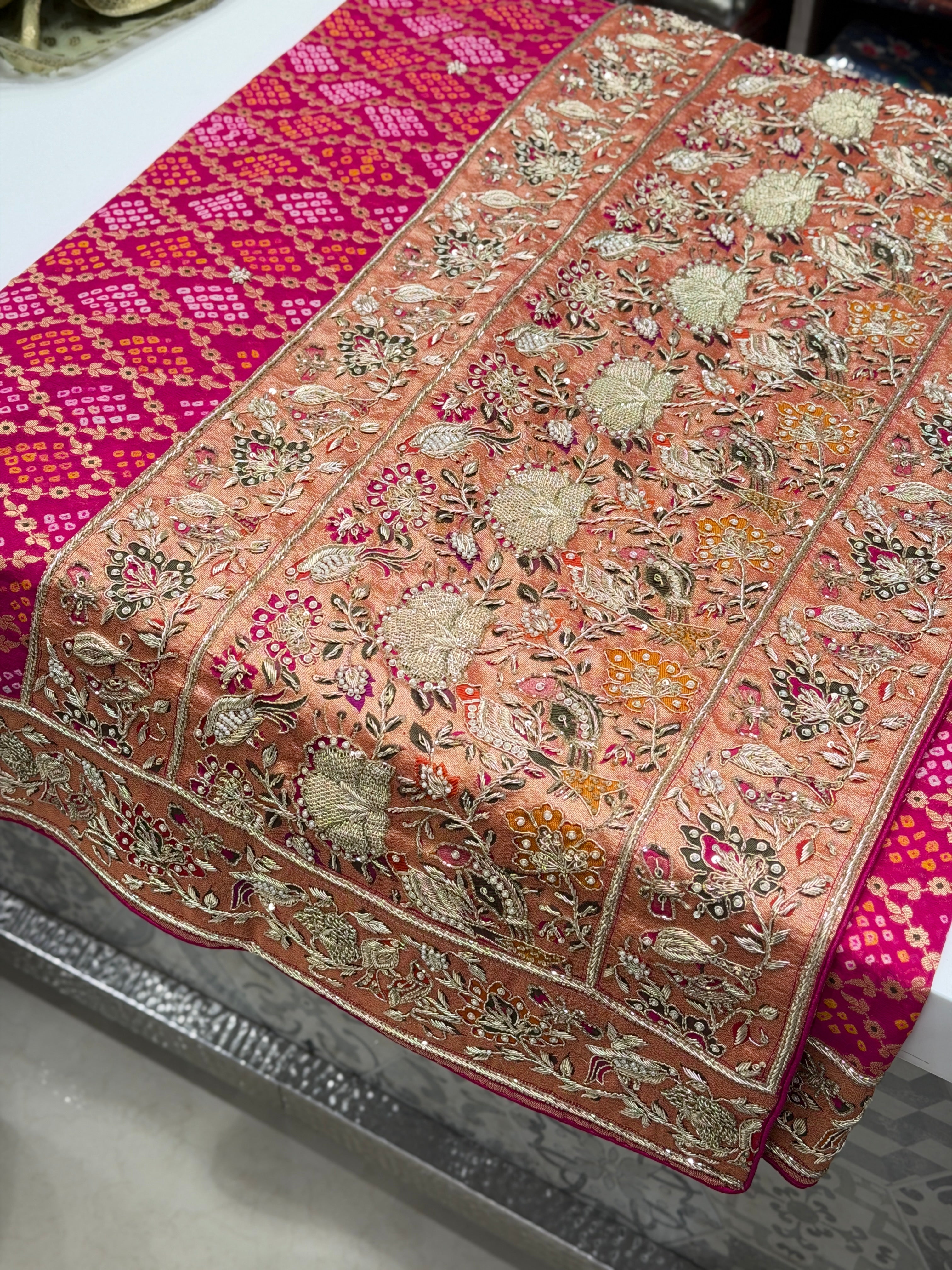 Rani Pink Meenakari Bandhej Zardosi Paithani Style Saree