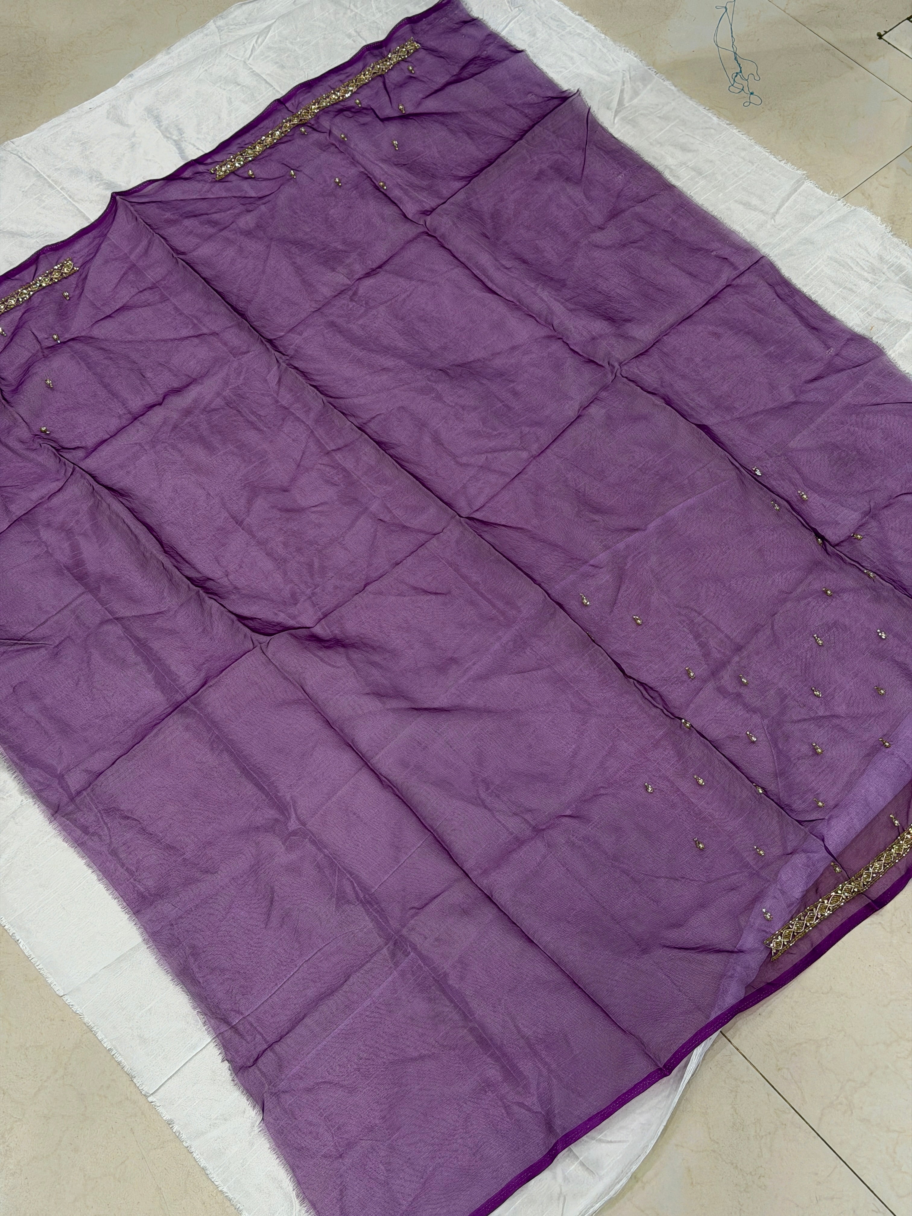 Violet Organza Moti Sequin Hand Embroidery Blouse Piece