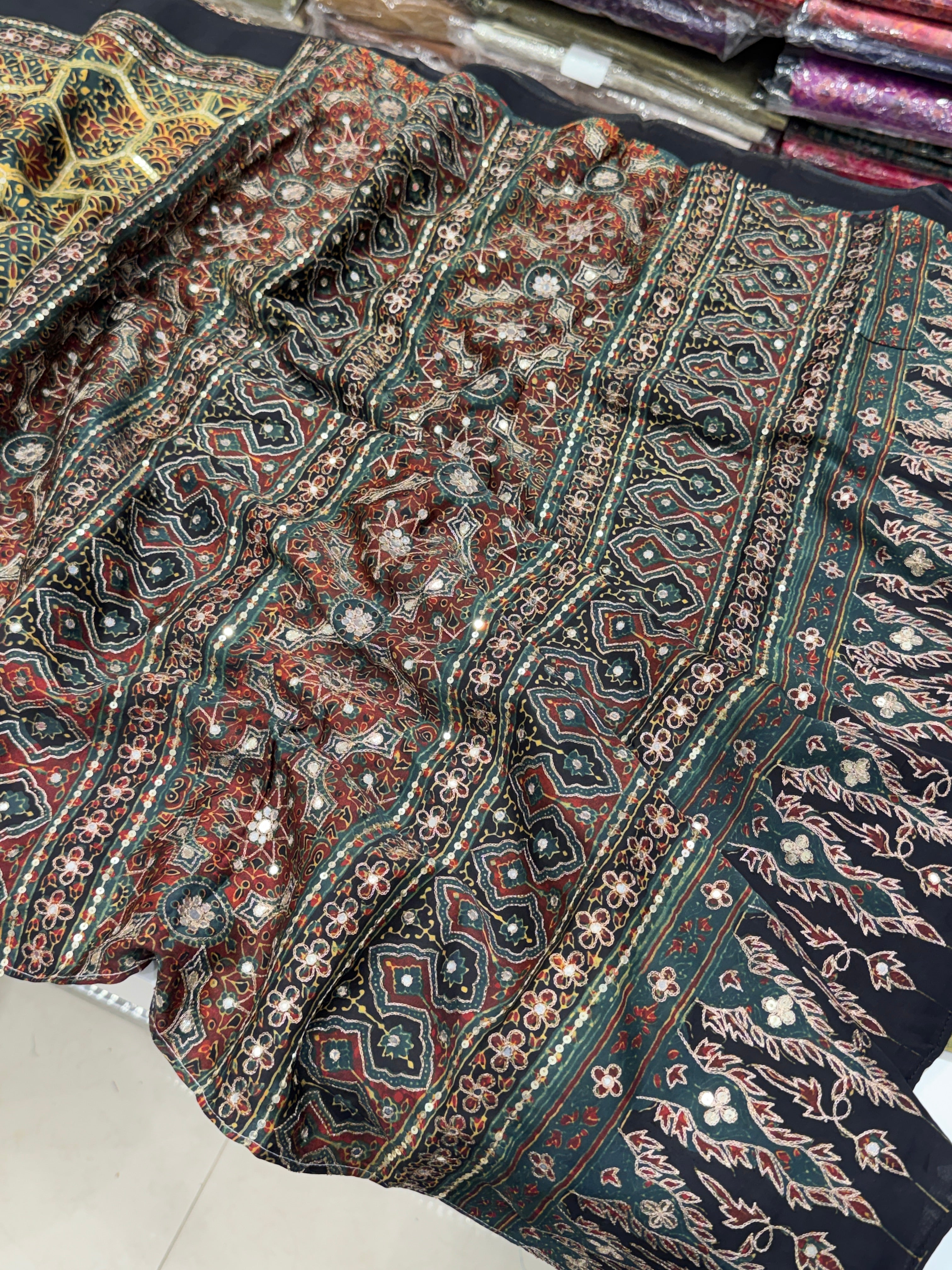 Mustard Rama Jaal Abstract Pita Sequin Ajrakh Hand Embroidery Saree