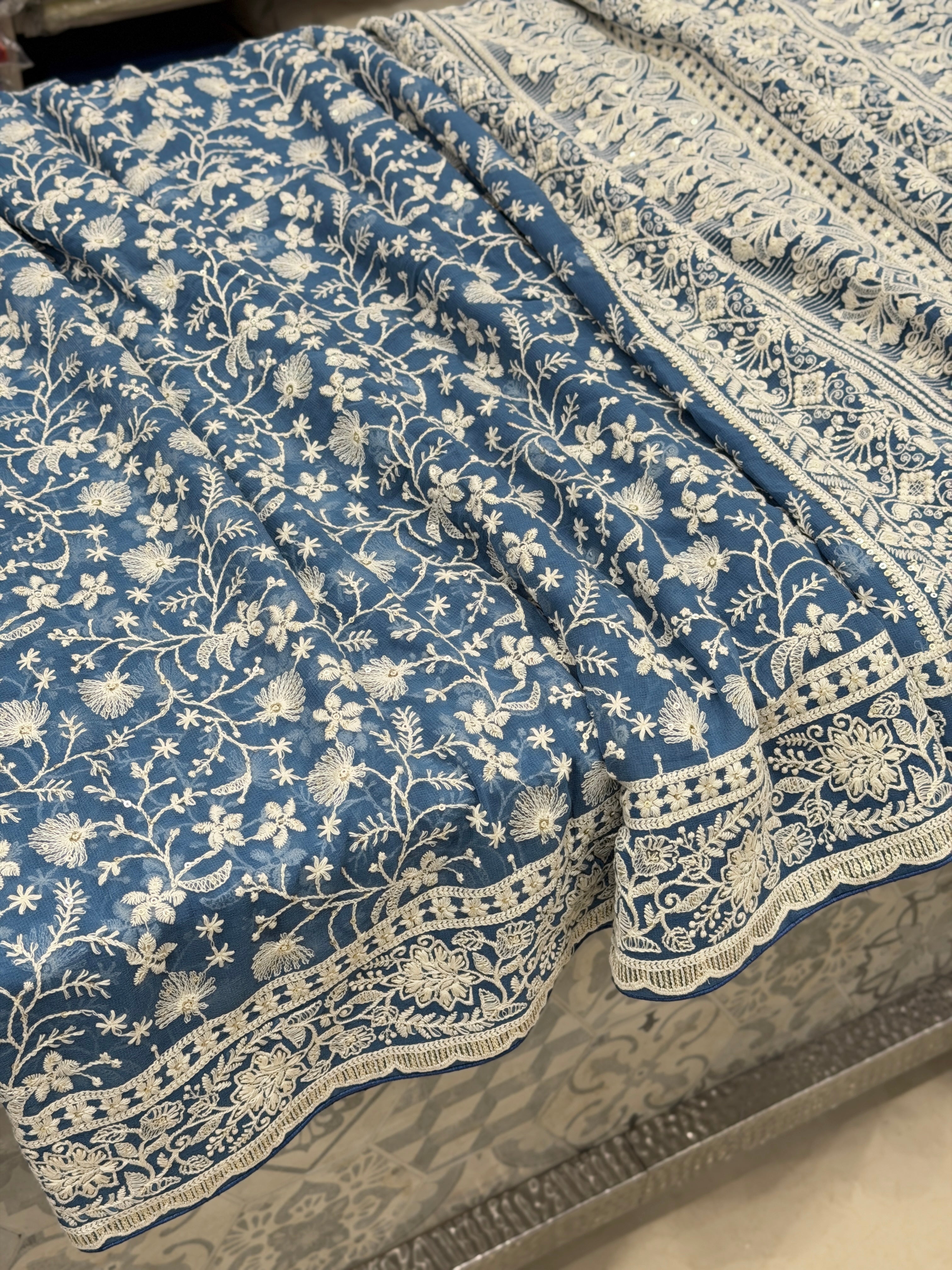 Blue Georgette Chikankari Resham Saree