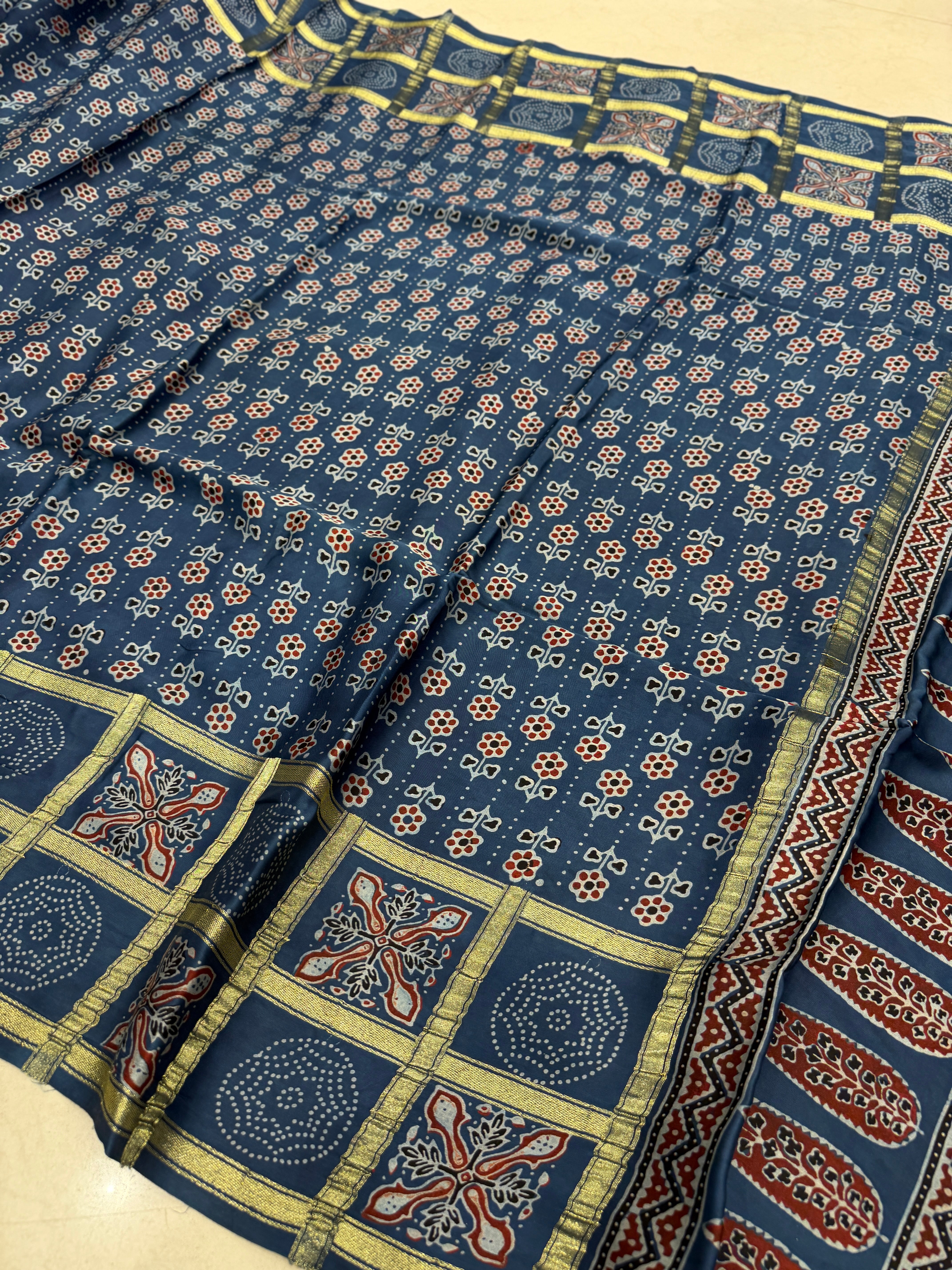 Blue Checks Border Lagdipatta Ajrakh Hand Block Print Pure Modal Silk Saree