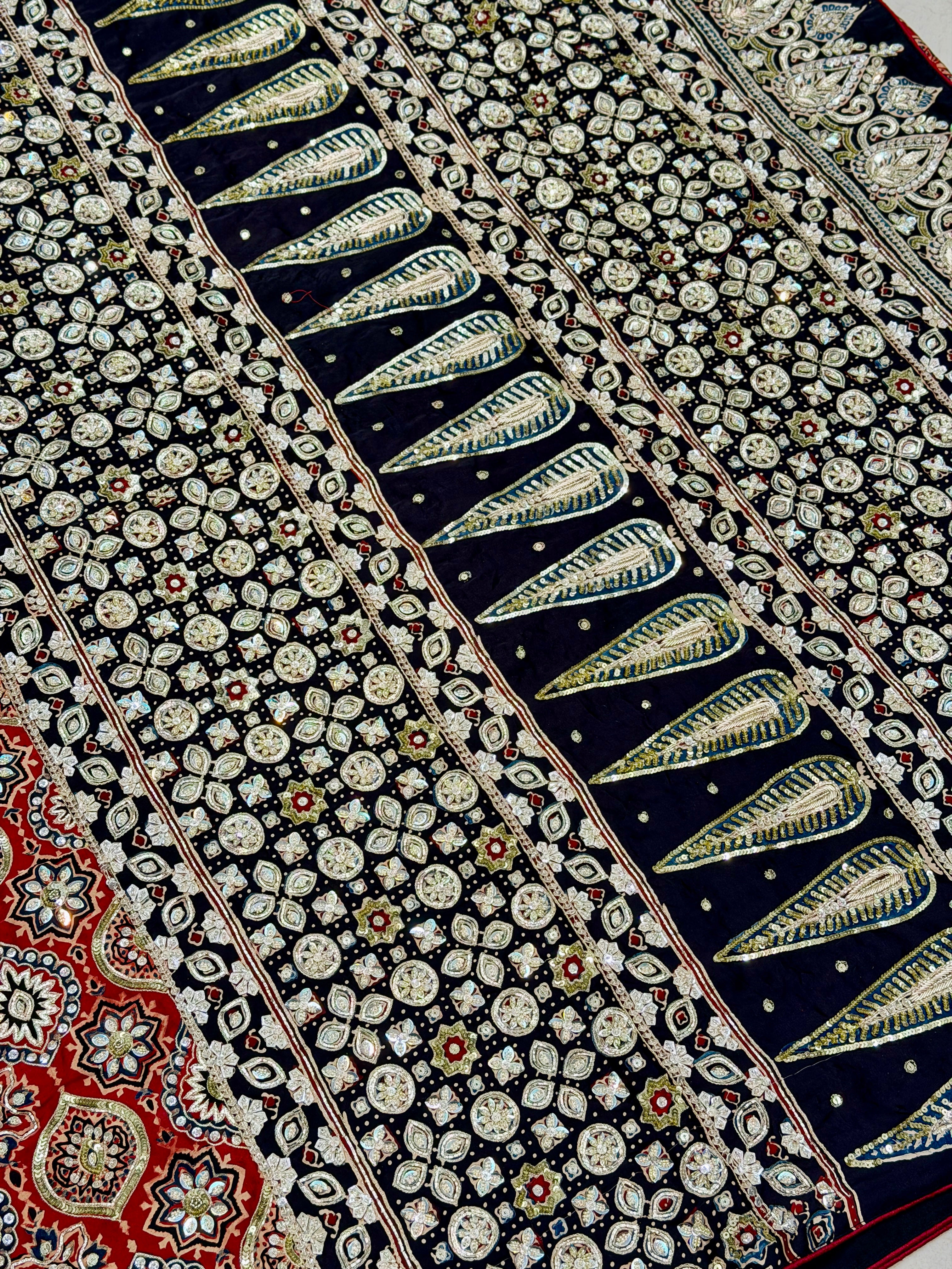 Red Black Badam Jaal French Knot Pita Zardosi Sequin Ajrakh Hand Embroidery Saree