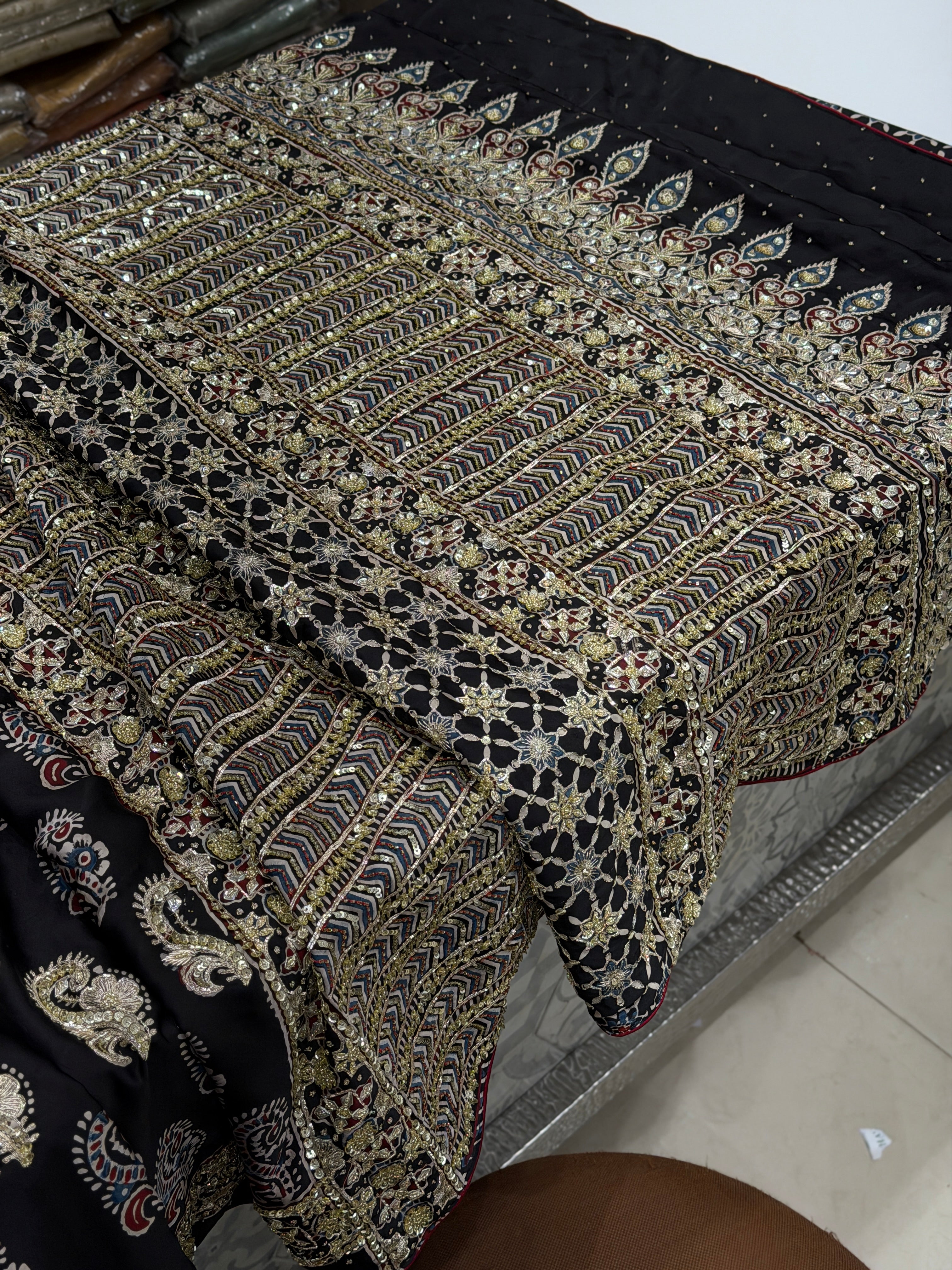 Black Buttas Zardosi Pita Sequin Ajrakh Hand Embroidery Saree
