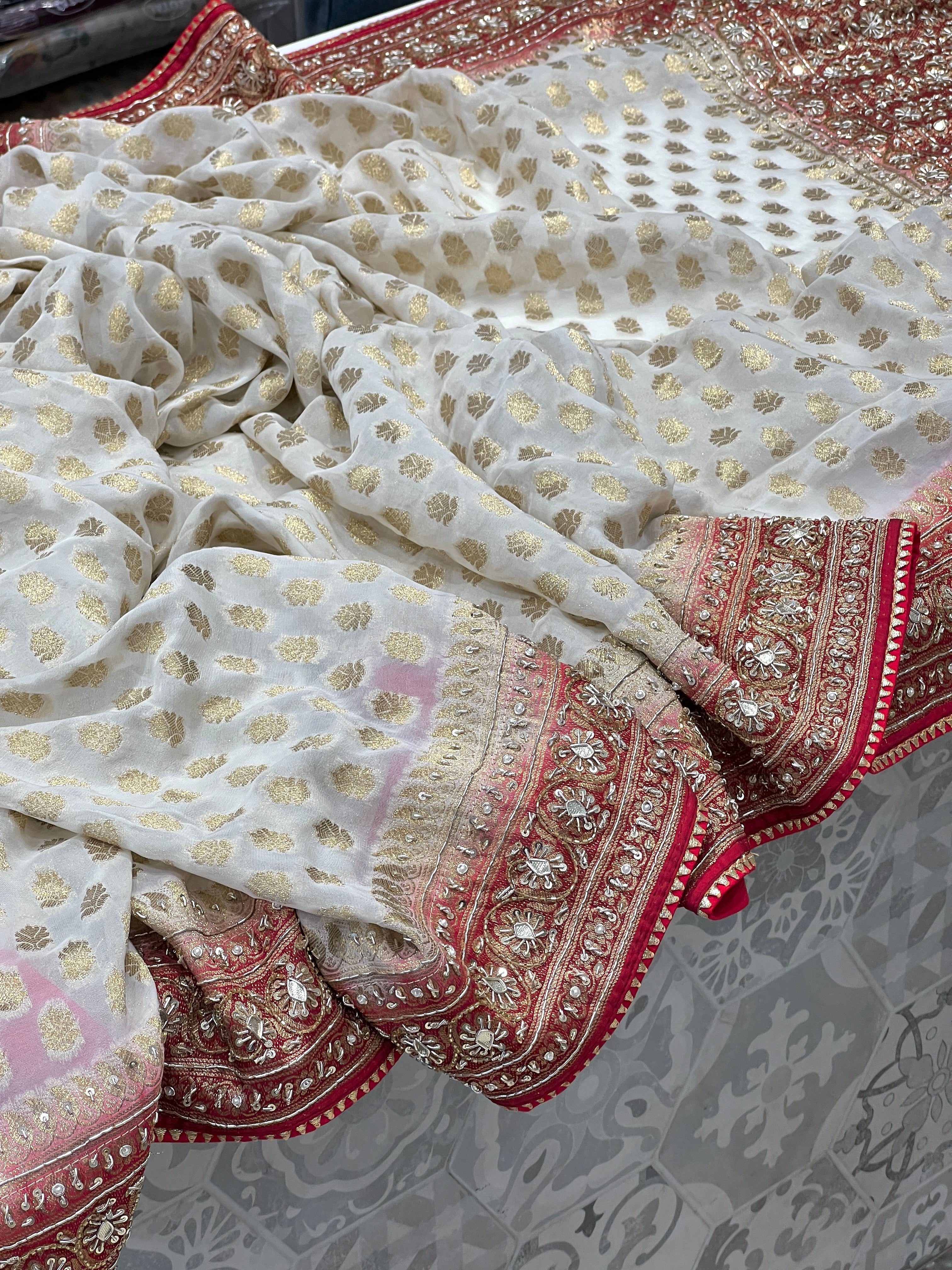 Beige Banarasi Georgette Maroon Border Zardozi Embroidery Saree