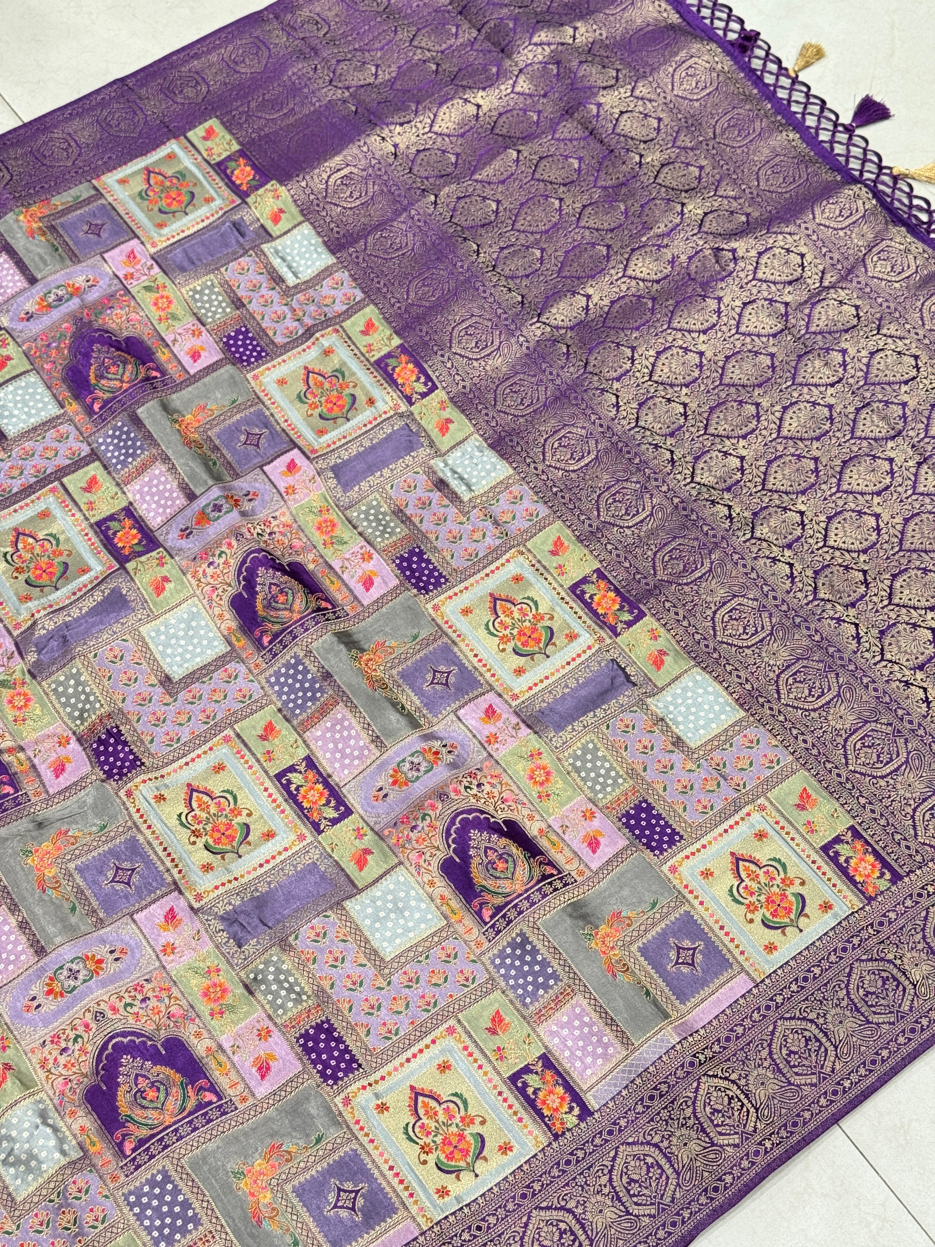 Violet Banarasi Modal Rangkat Satin Checkered Temple Silk Saree