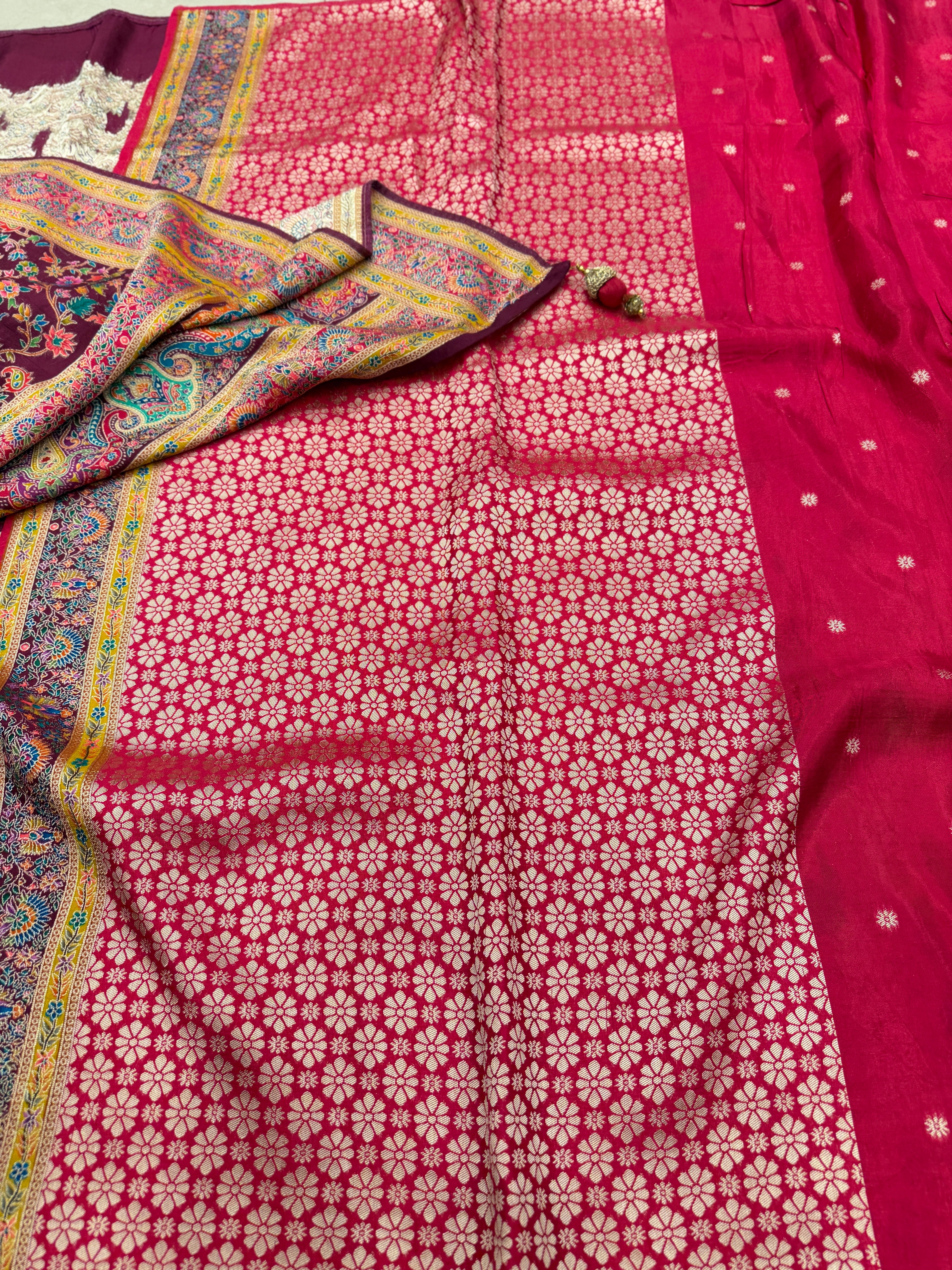 Maroonish Wine Weaved Pashmina Style Multi Colour Saree