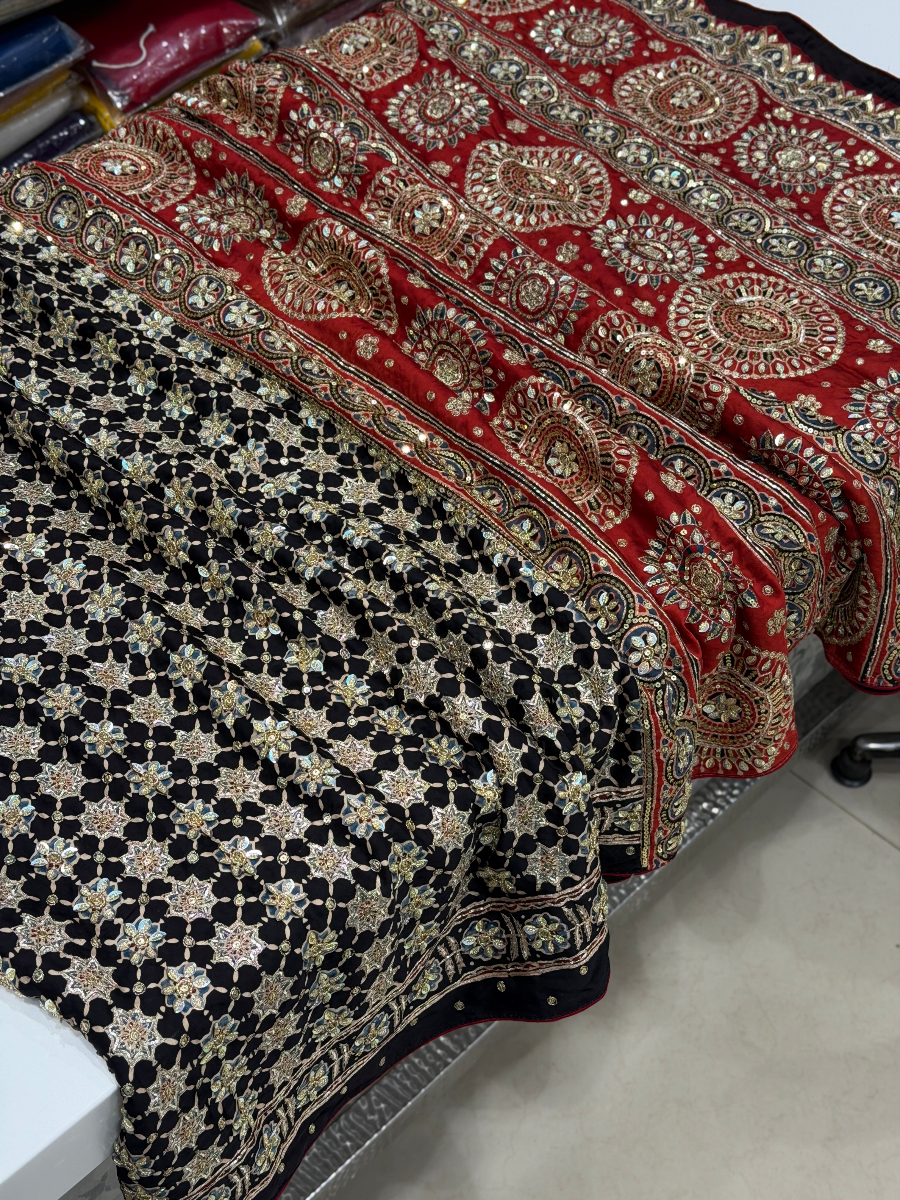Red Black Jaal Pita Sequin Ajrakh Hand Embroidery Saree