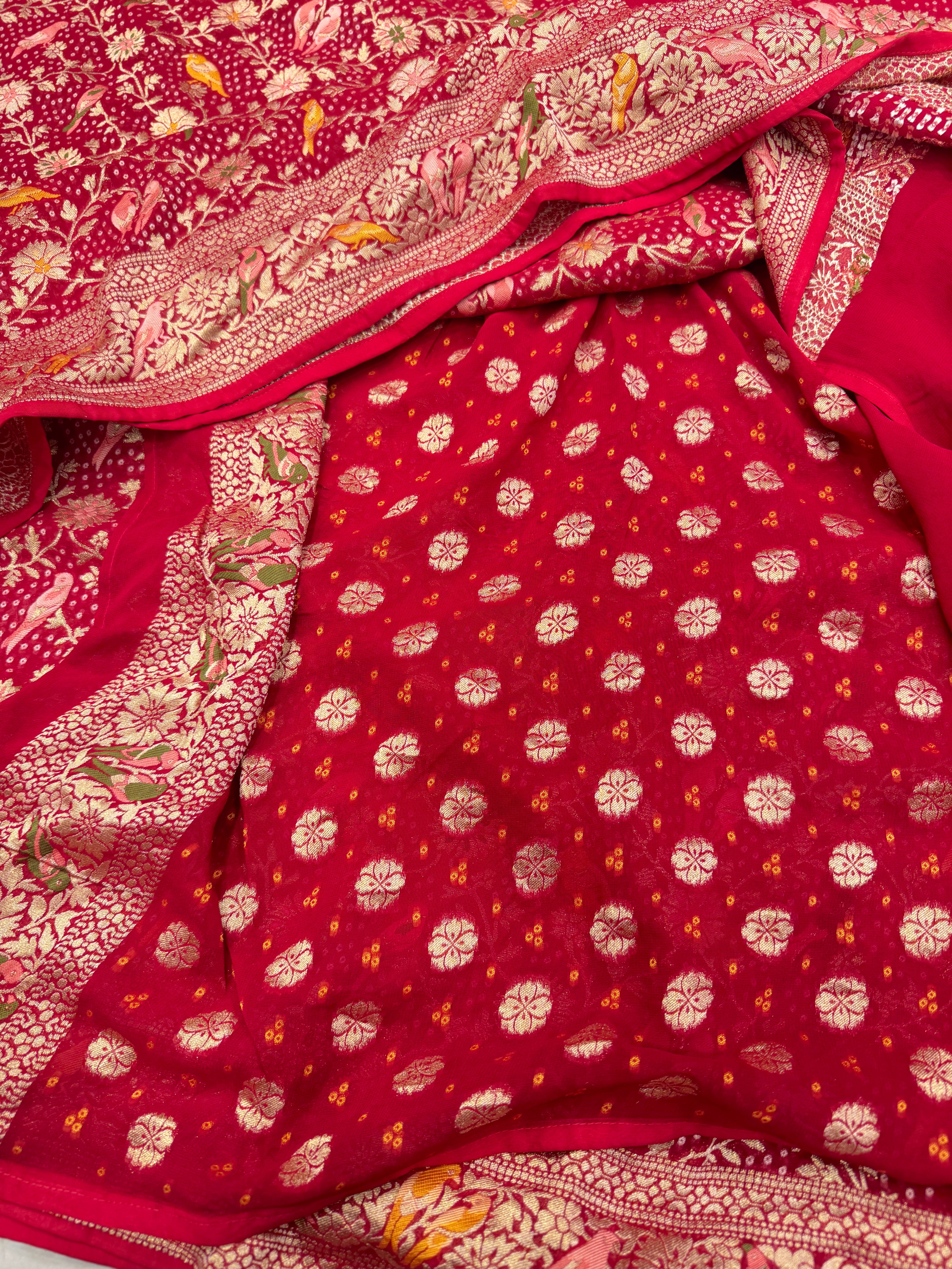 Red Woven Bandhej Meenakari Parrot Motif Saree