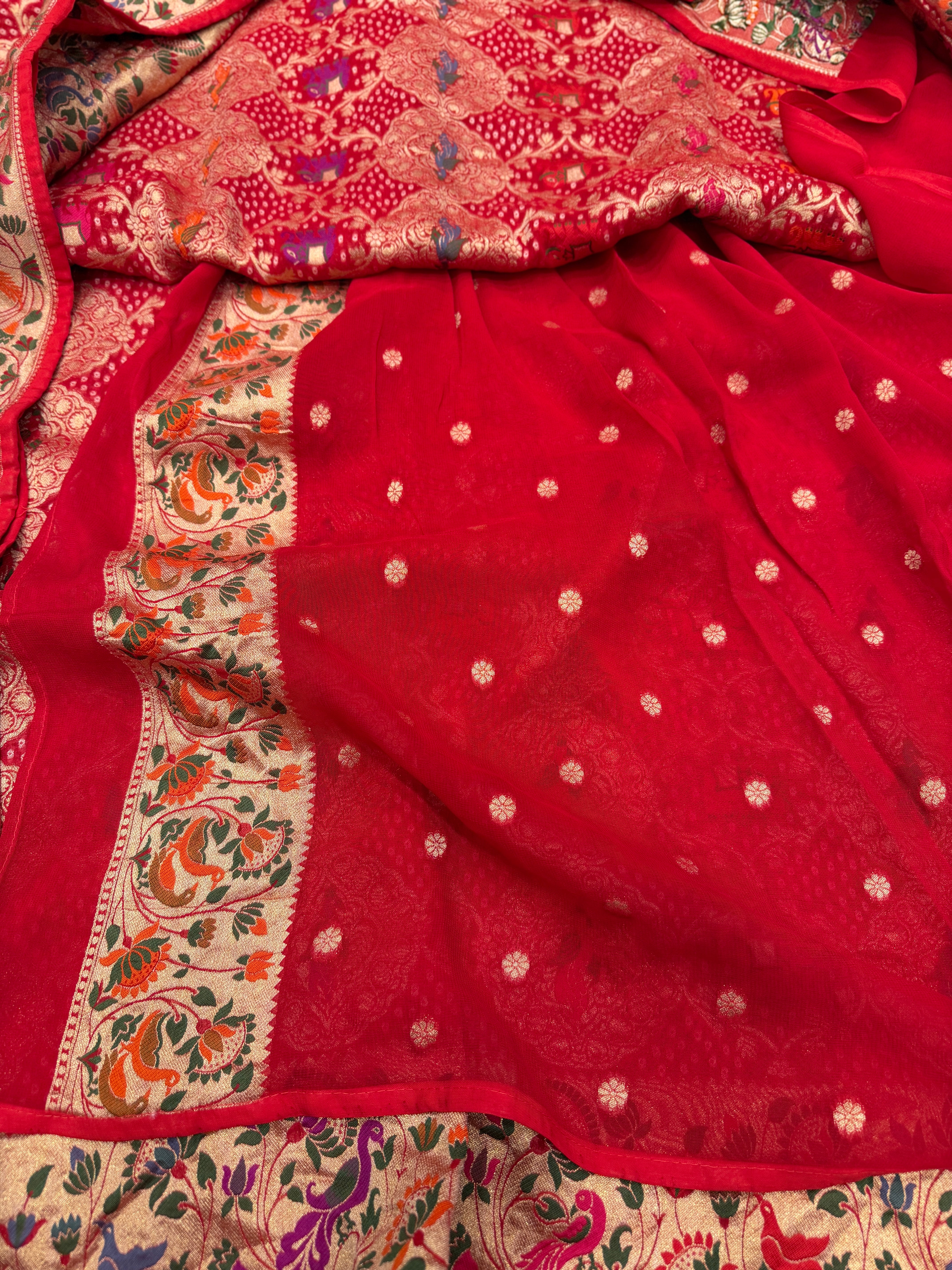 Red Woven Bandhej Meenakari Peacock Parrot Motif Saree