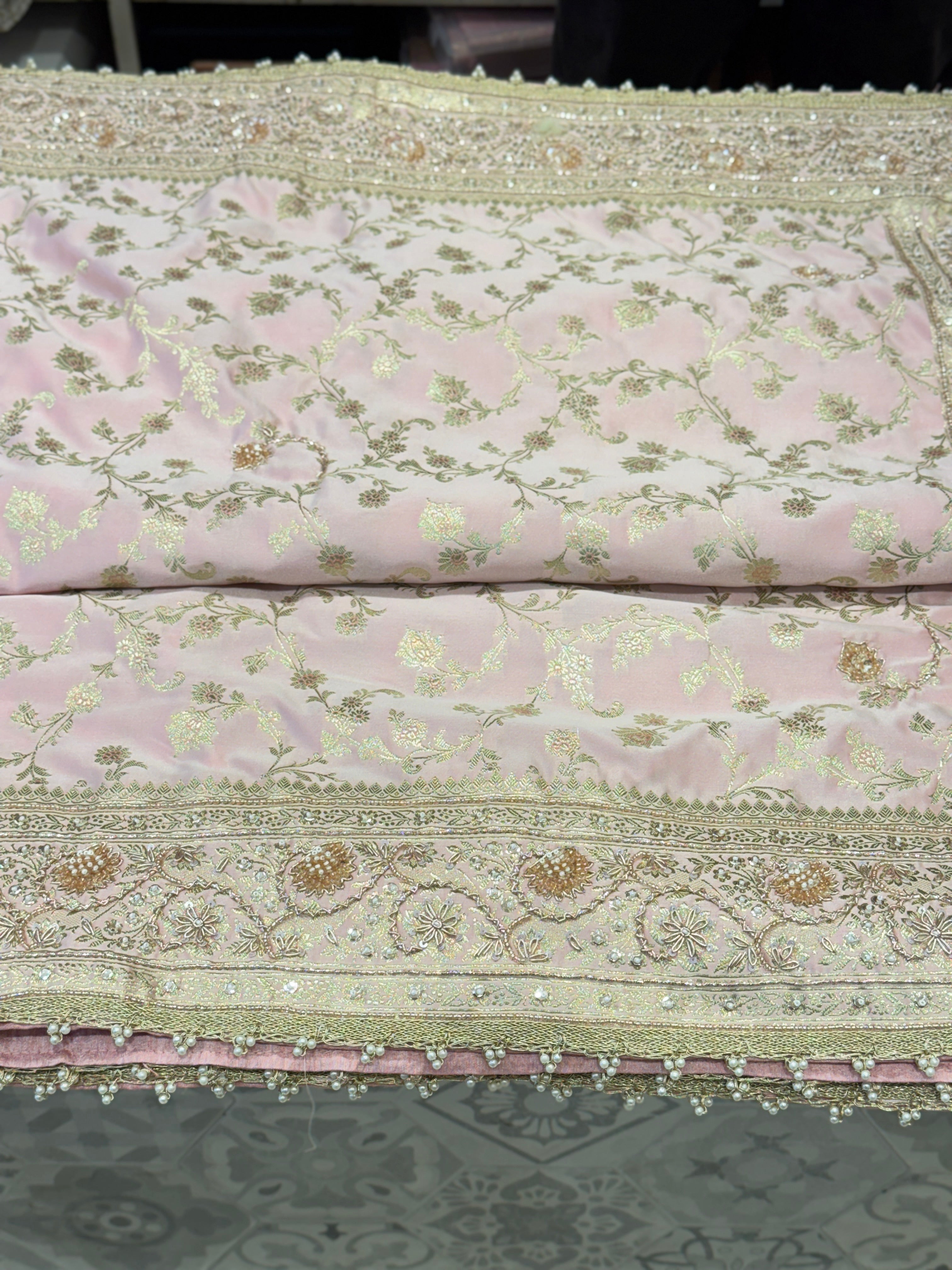 Pastel Pink Banarasi Sequin Zardosi Hand Embroidery Saree
