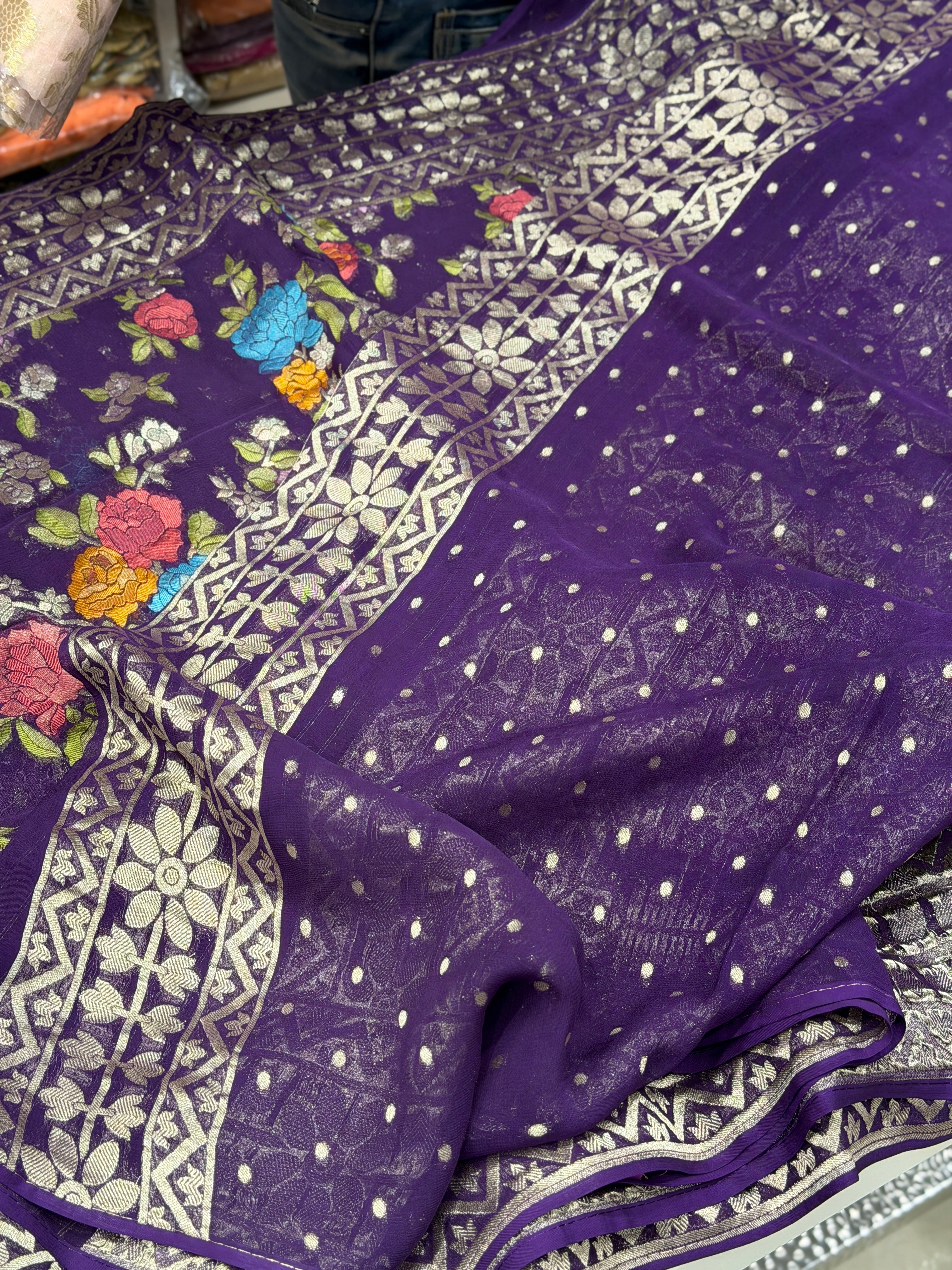 Violet Meenakari Floral Banarasi Khaddi Georgette Saree