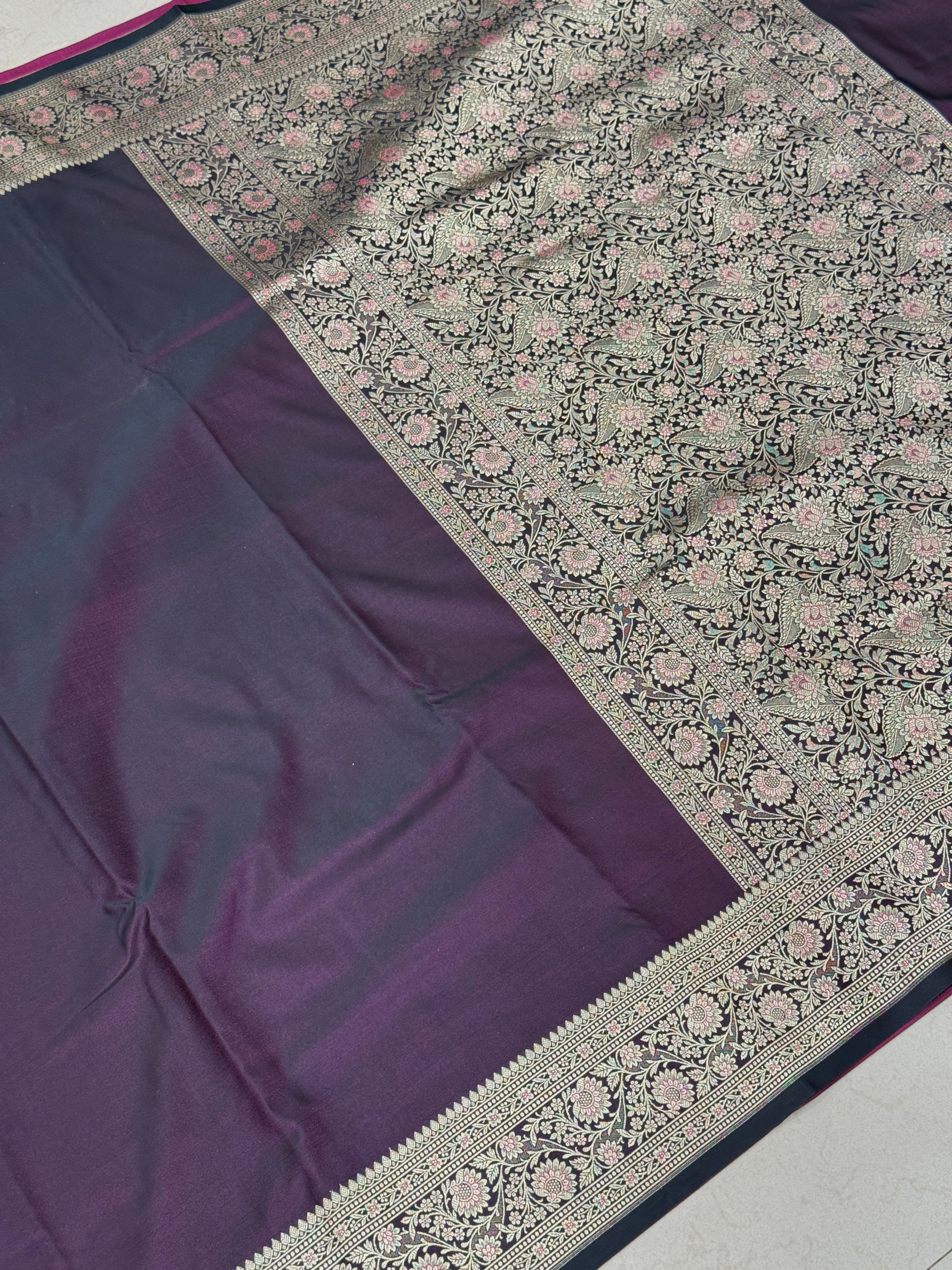 Purple Dhup Chav Banarasi Plain Upside Down Border Saree