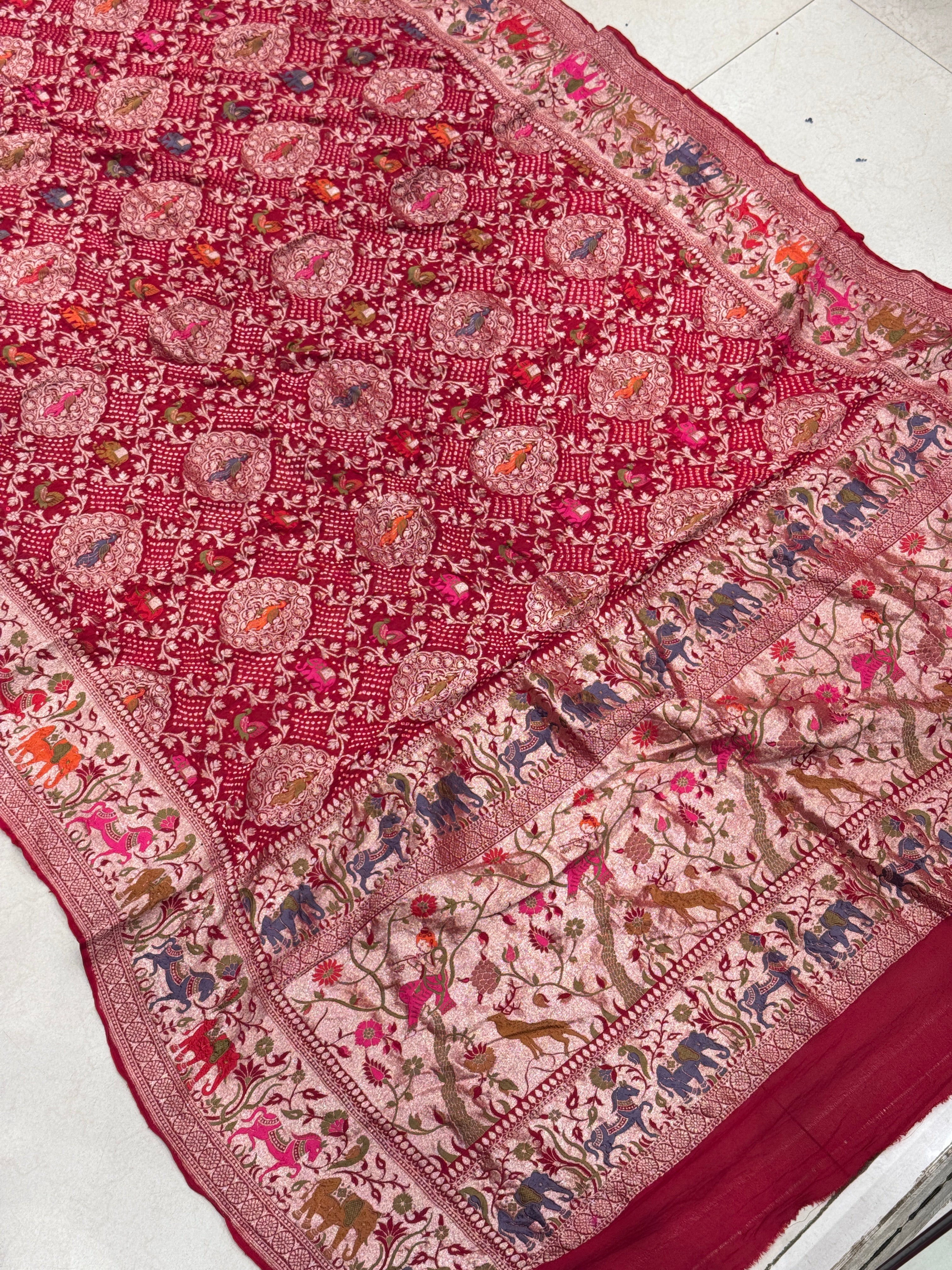Red Shikargah Meenakari Rai Bandhej Georgette Dupatta