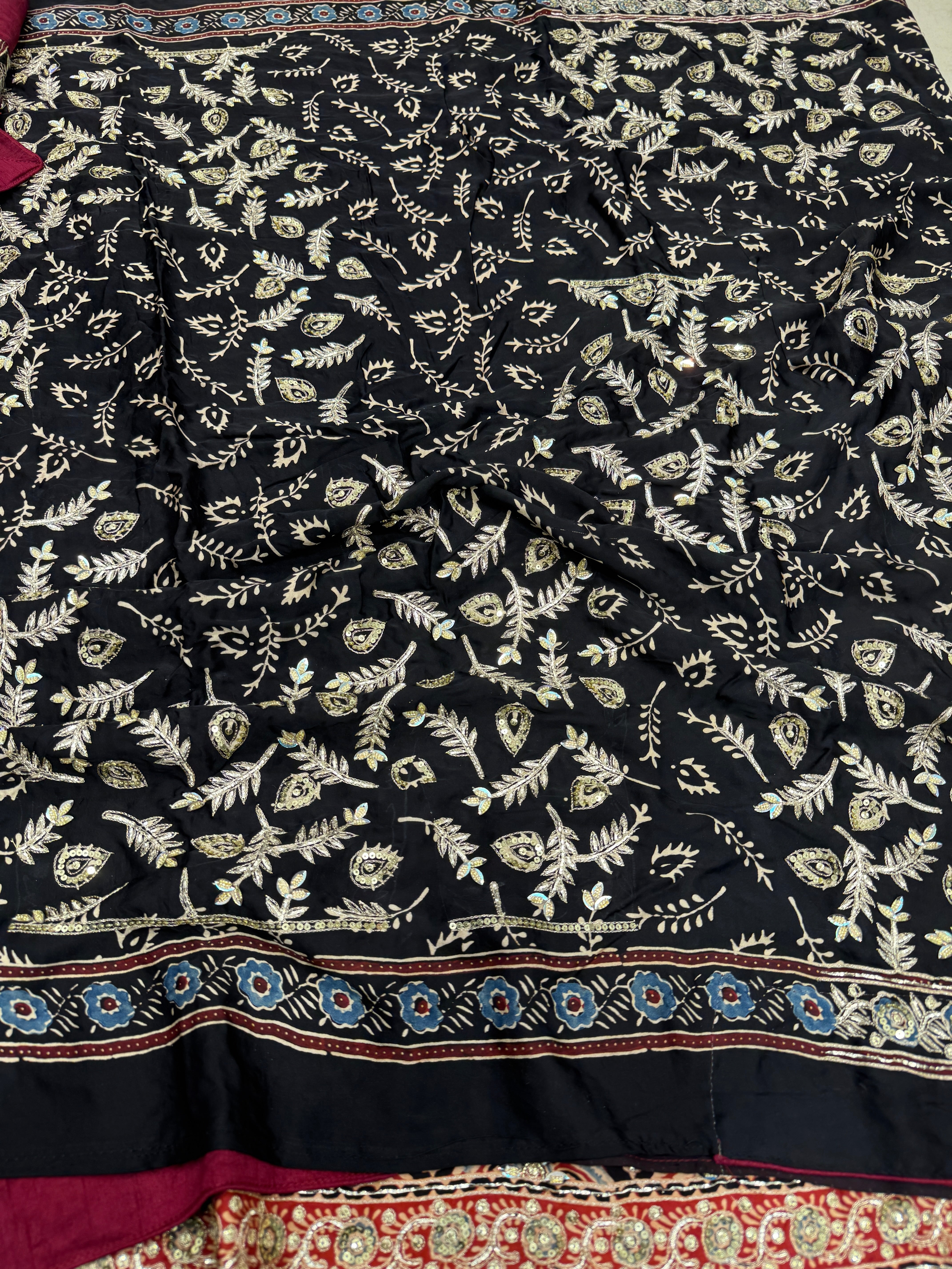 Red Black Ajrakh Hand Embroidery Saree Contemporary