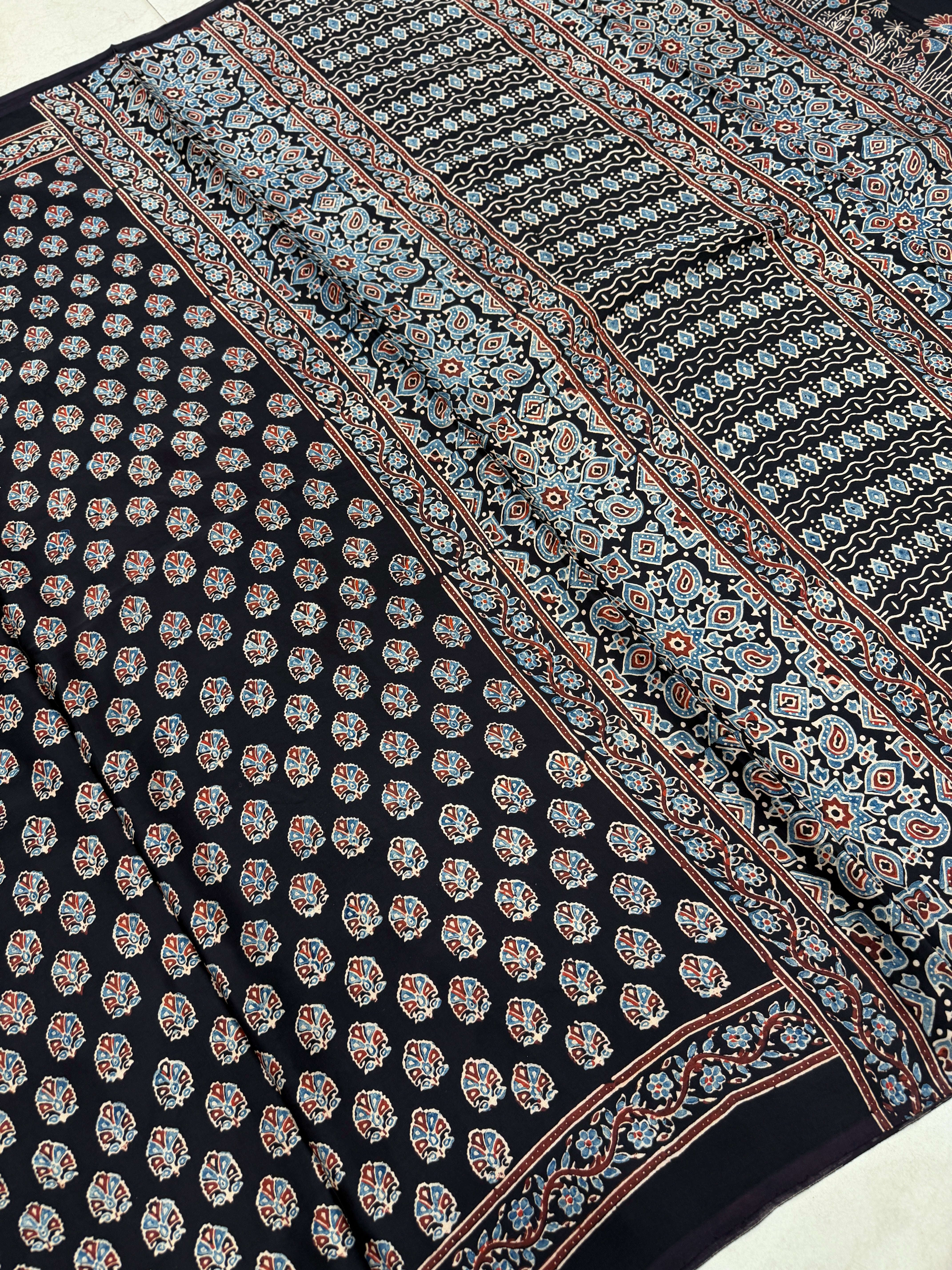 Black Buttis Ajrakh Hand Block Print Pure Gajji Silk Saree