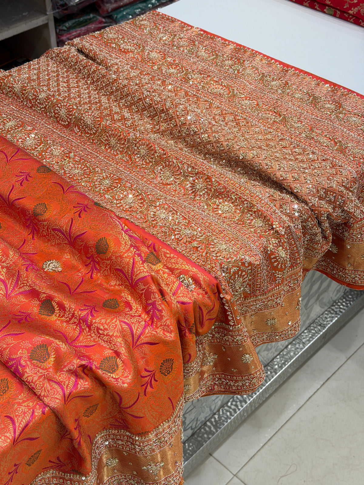 Rust Orange Meenakari Kanjivaram Zardosi Hand Embroidery Saree