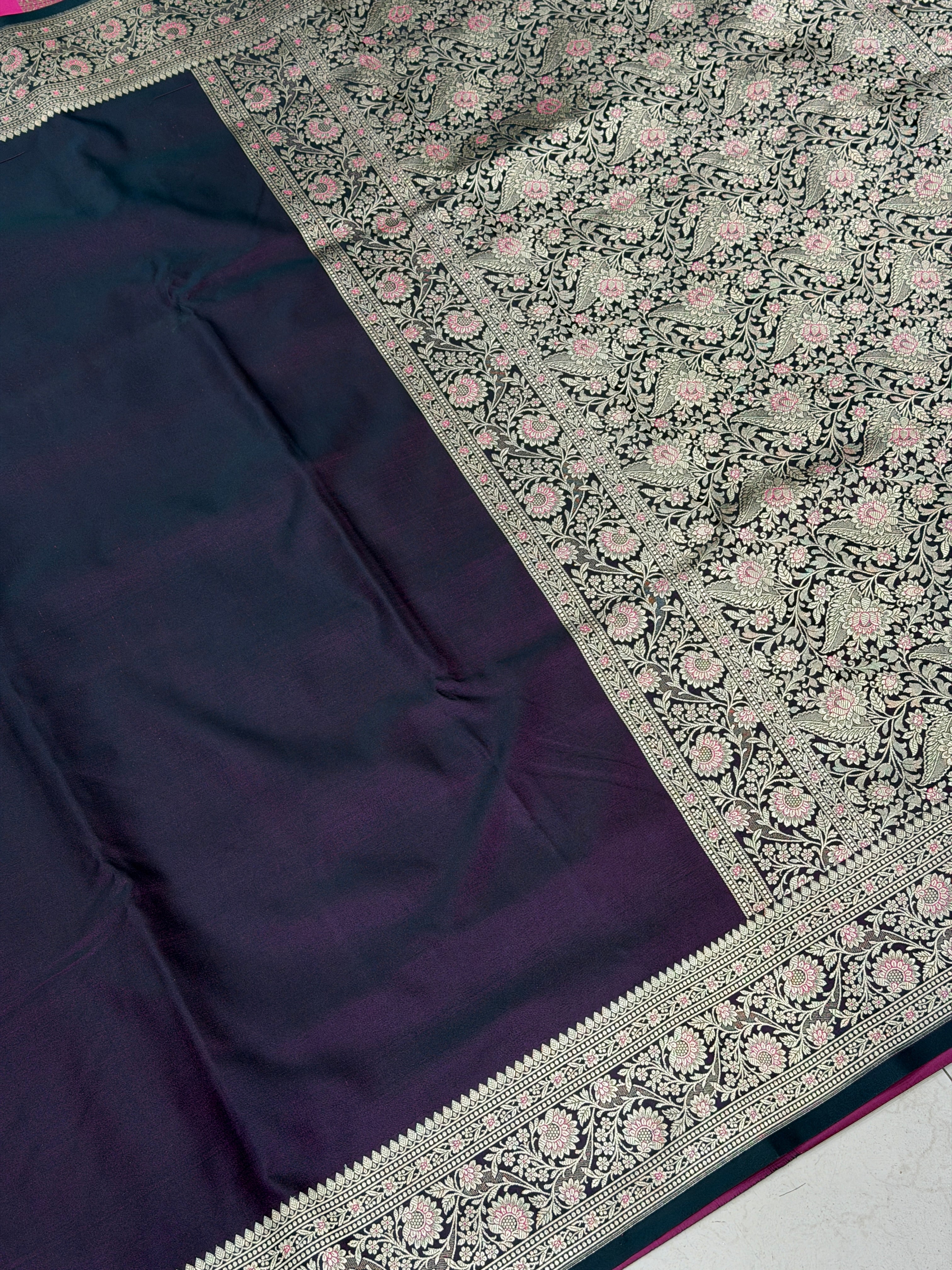 Dark Wine Upside Down Banarasi Raw Mango Style Plain Silk Saree