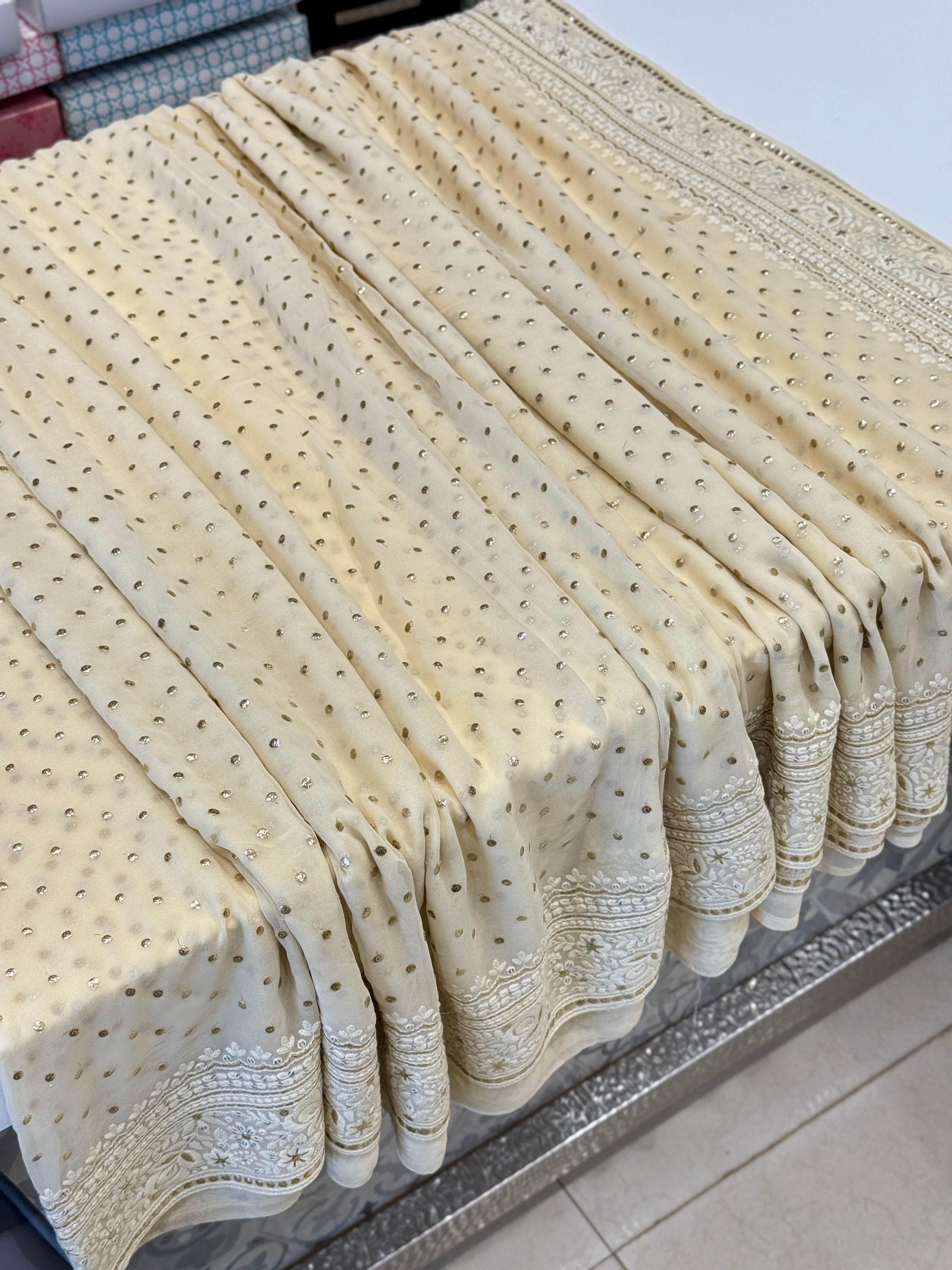 Moti White Chikankari Saree with Mukaish Embroidery