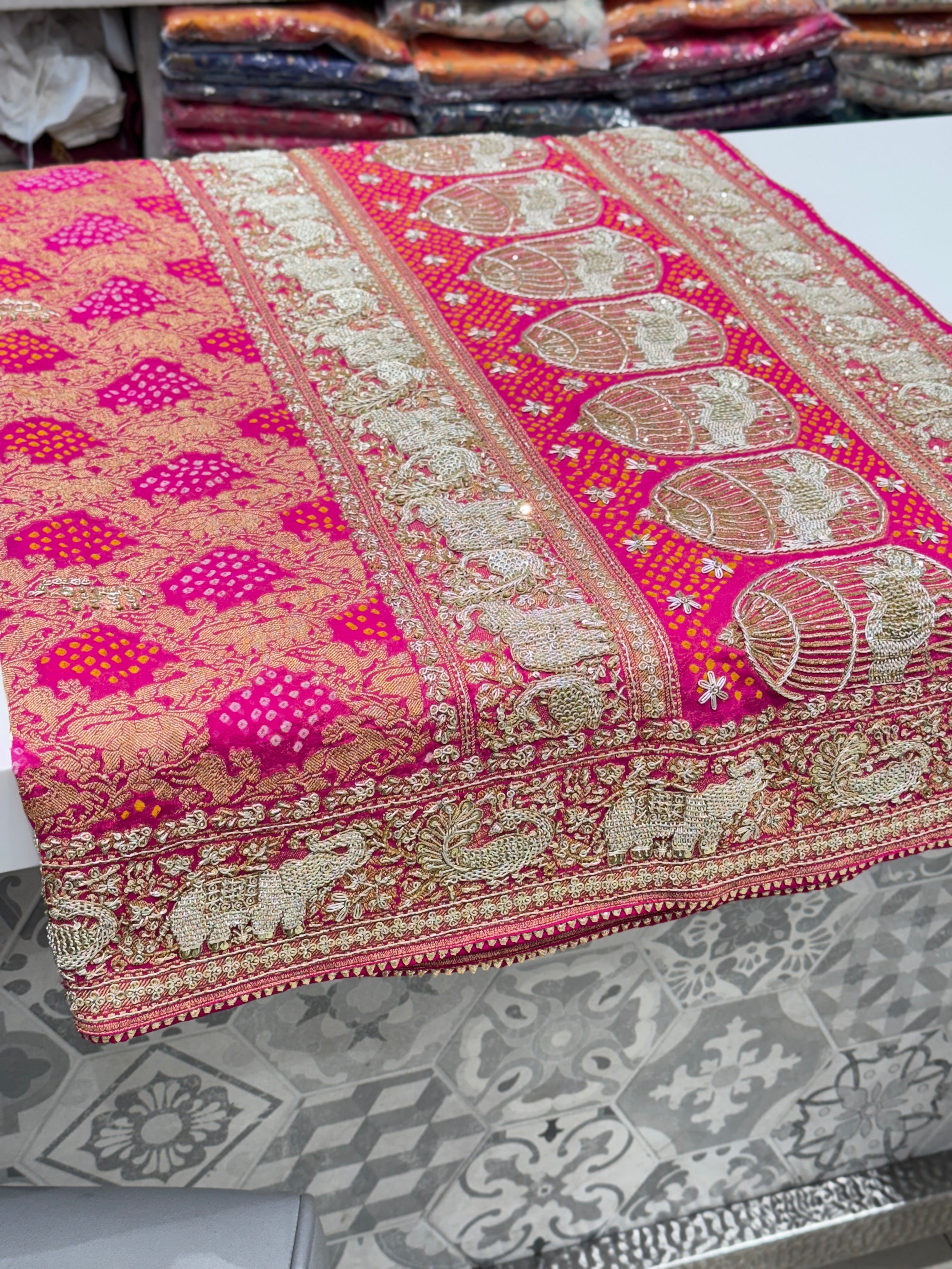 Rani Bandhej Zardosi Hand Embroidery Elephant Border Saree