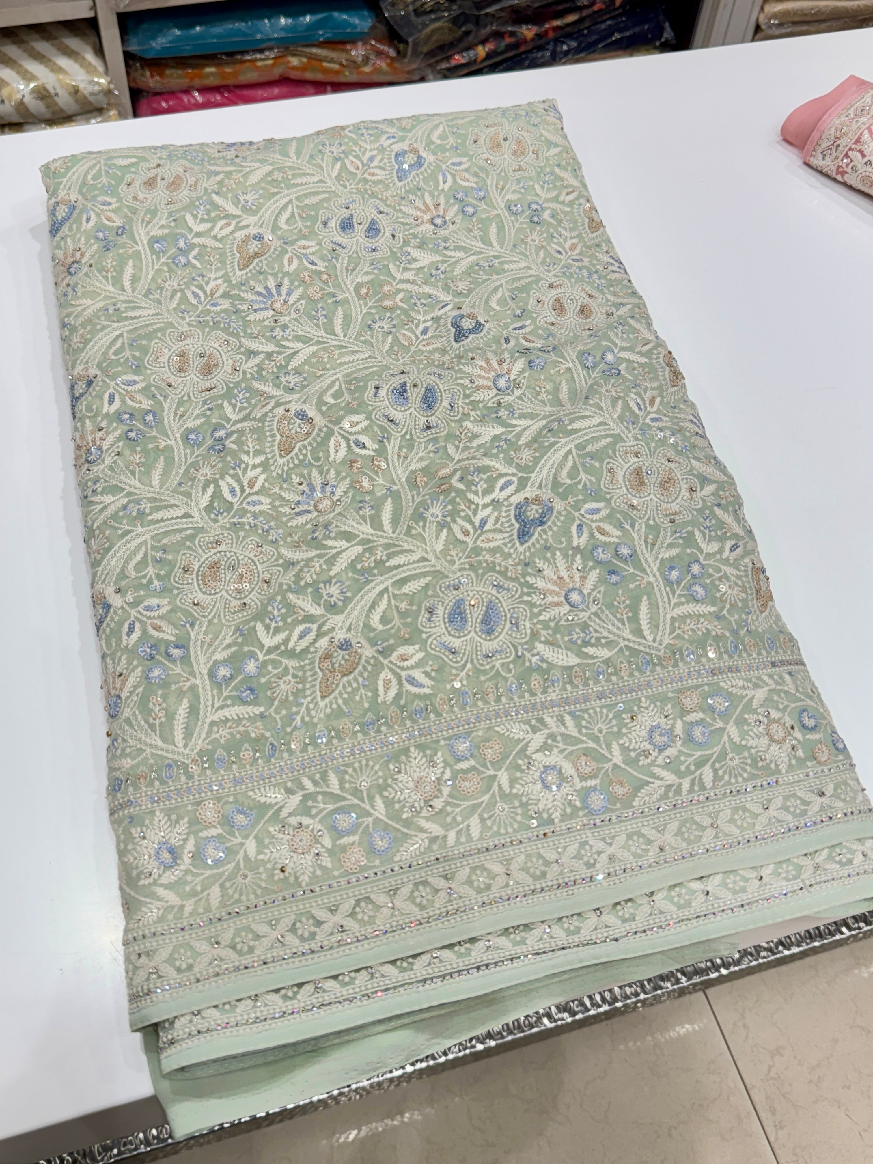 Pista Green Chikankari Saree