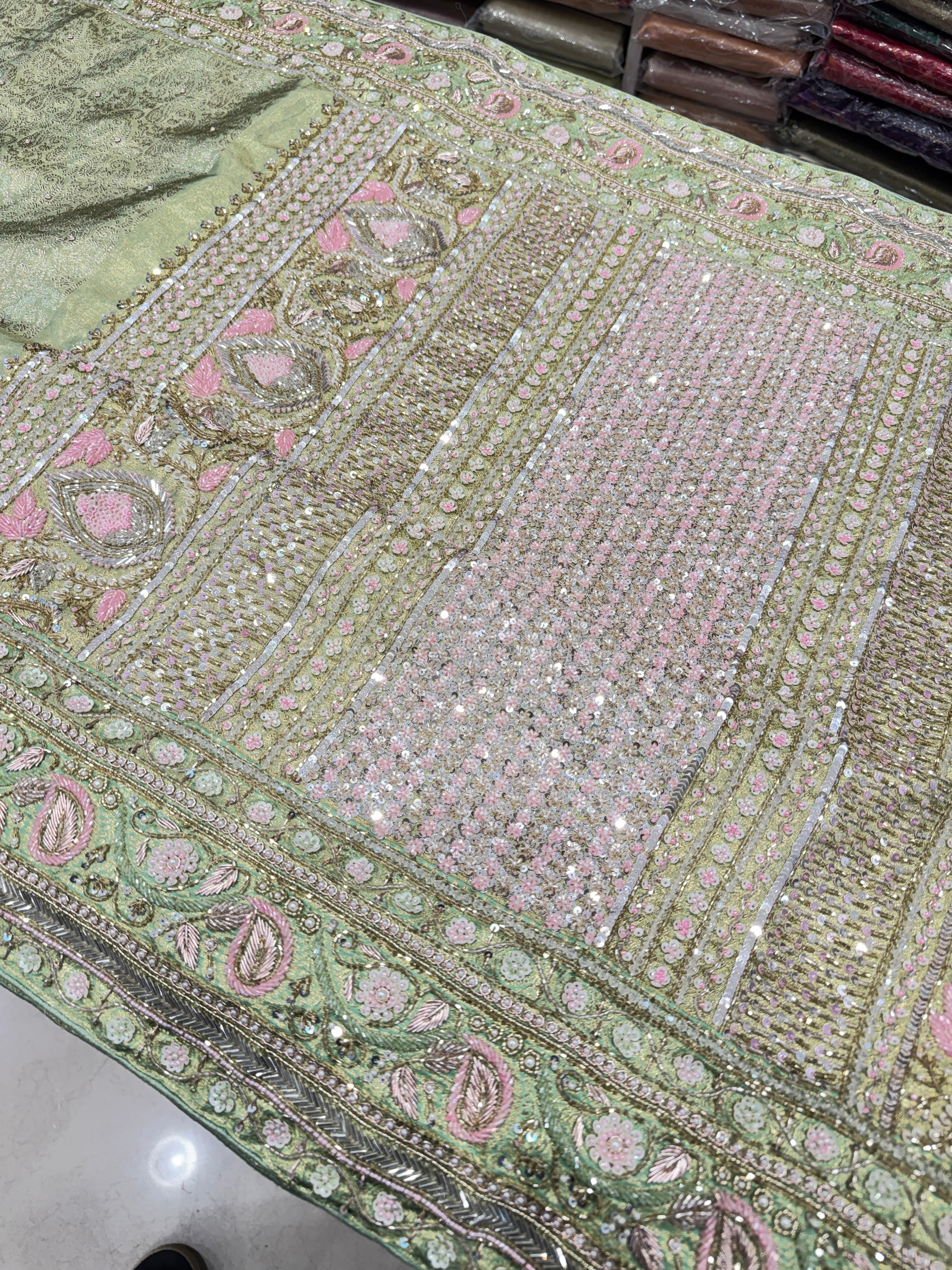 Pista Green Tissue Kanjivaram Hand Embroidery Saree