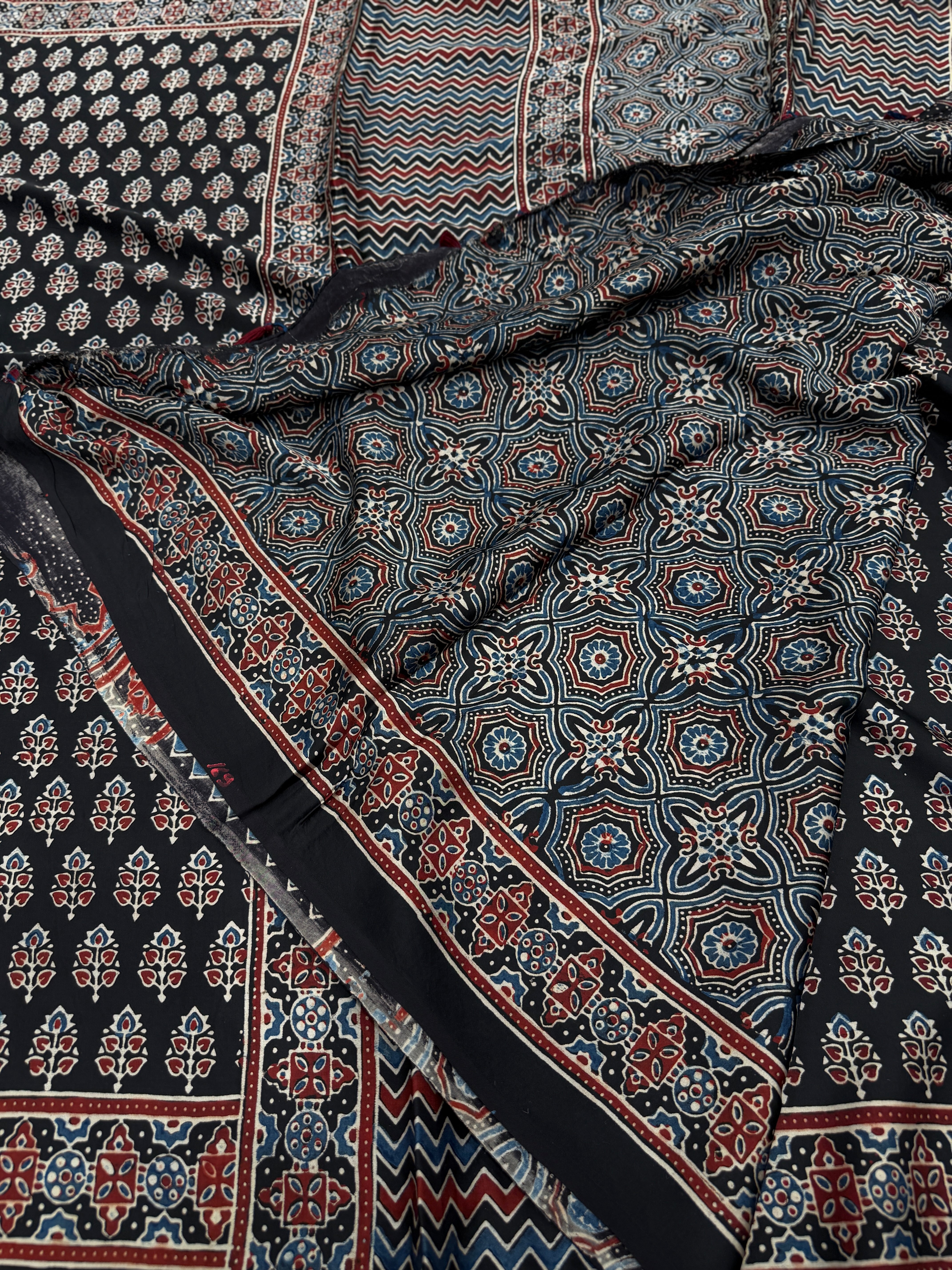 Black Kakkar Buttis Ajrakh Block Print Hand Pure Gajji Silk Saree