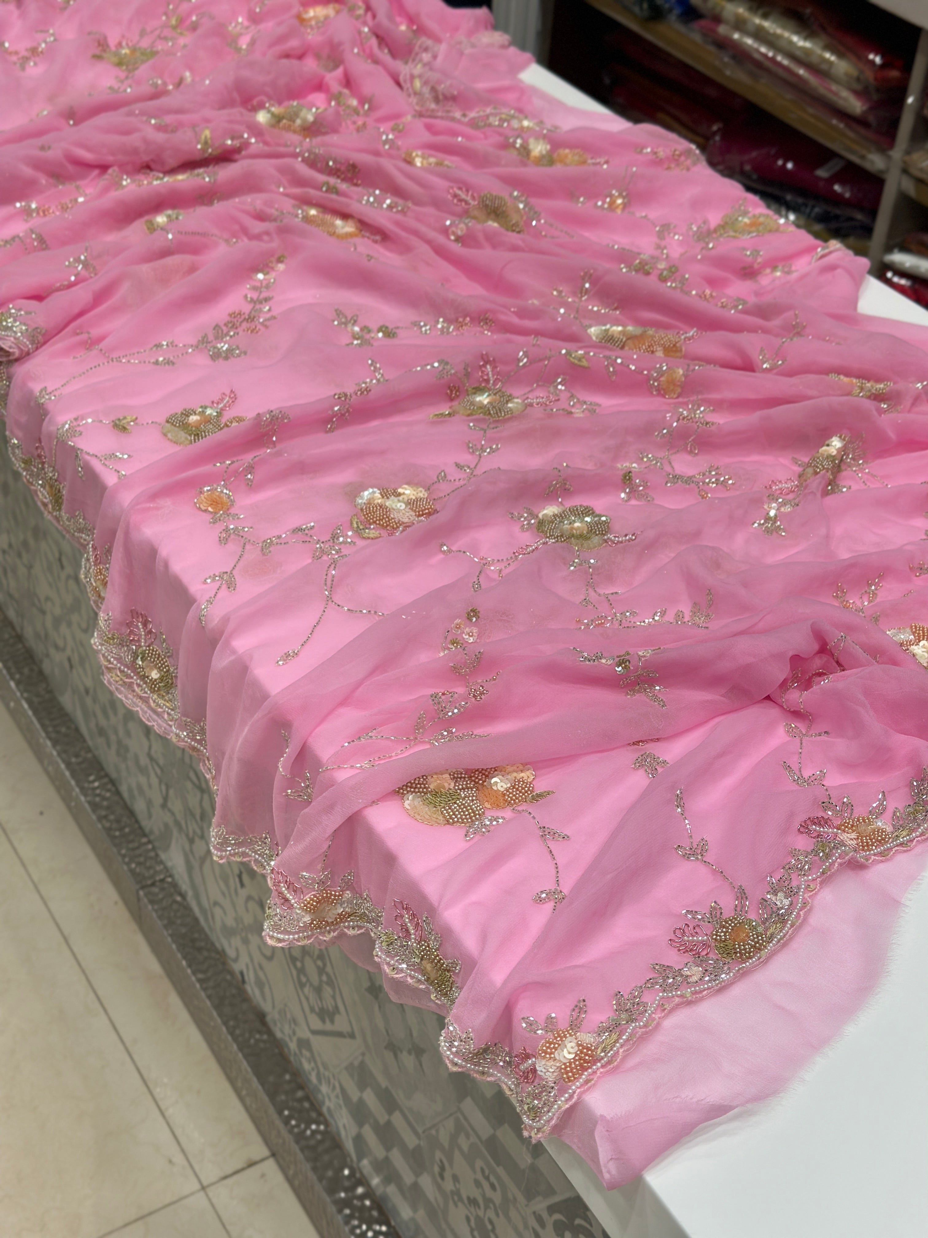 Pink Georgette Sequin Jaal Saree