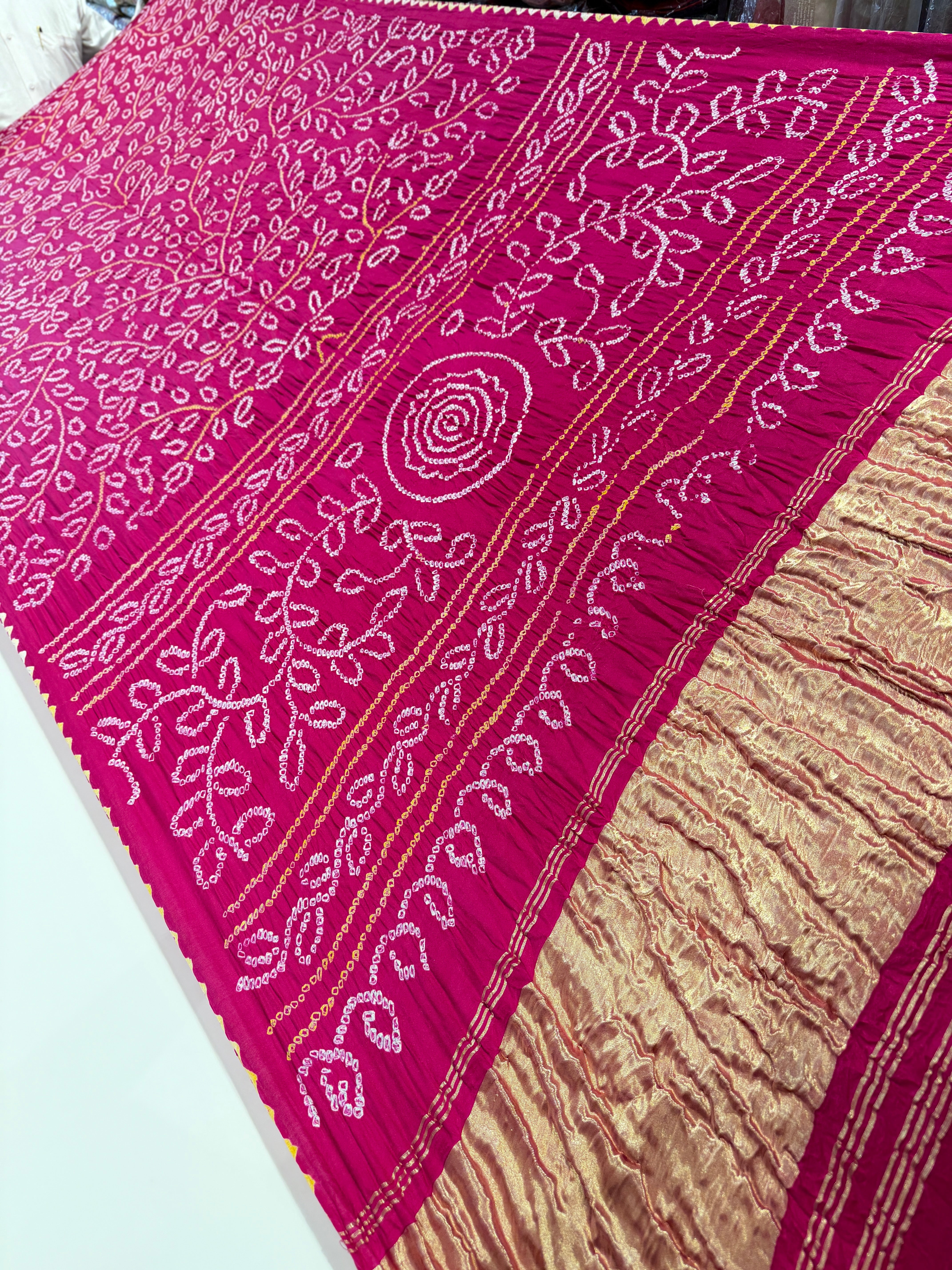 Rani Pink Ambadal Pure Gajji Silk Rai Bandhej Hand Made Saree