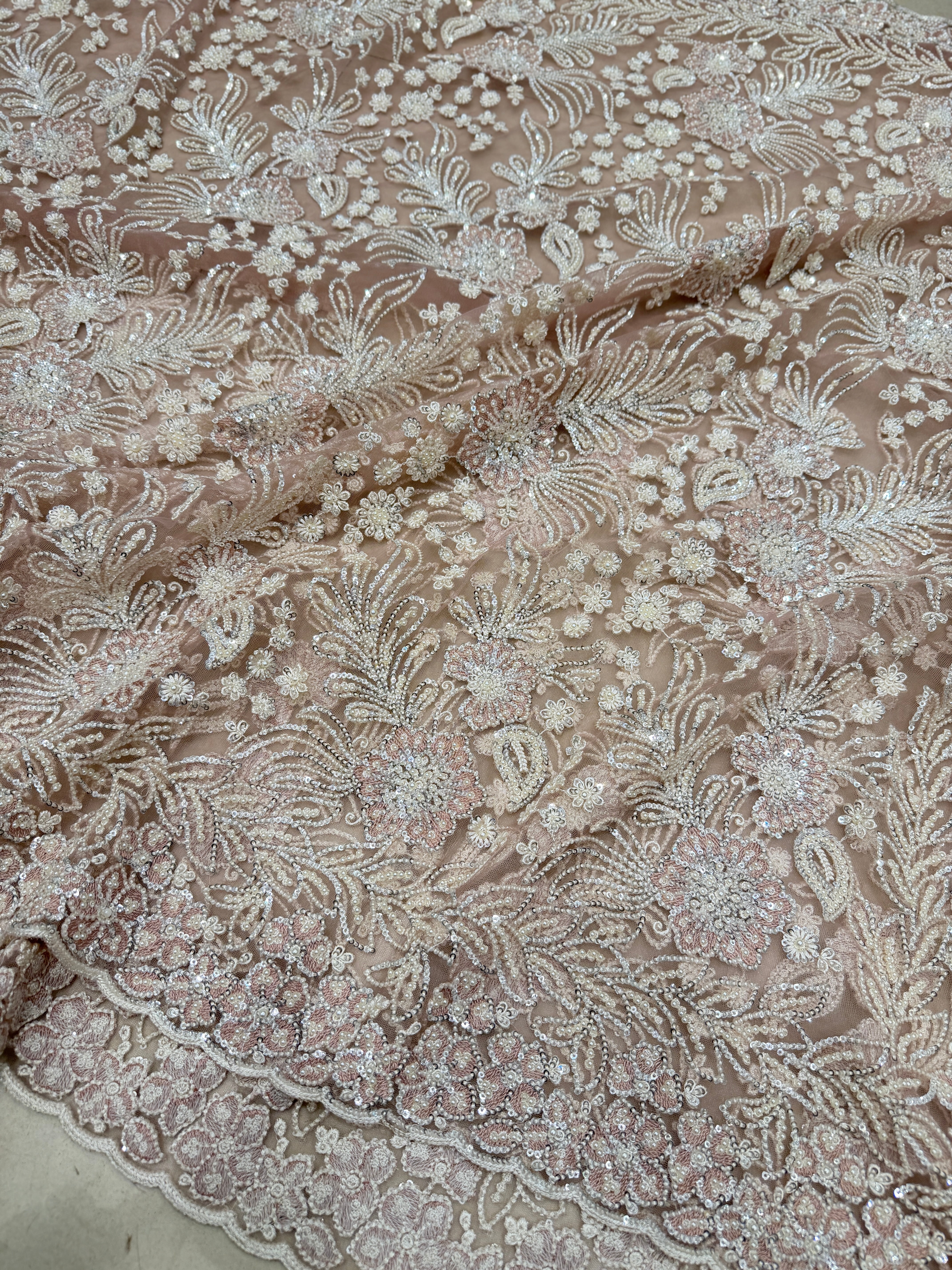 Nude Pink Floral Jaal Net Resham Moti Embroidery Soft Saree
