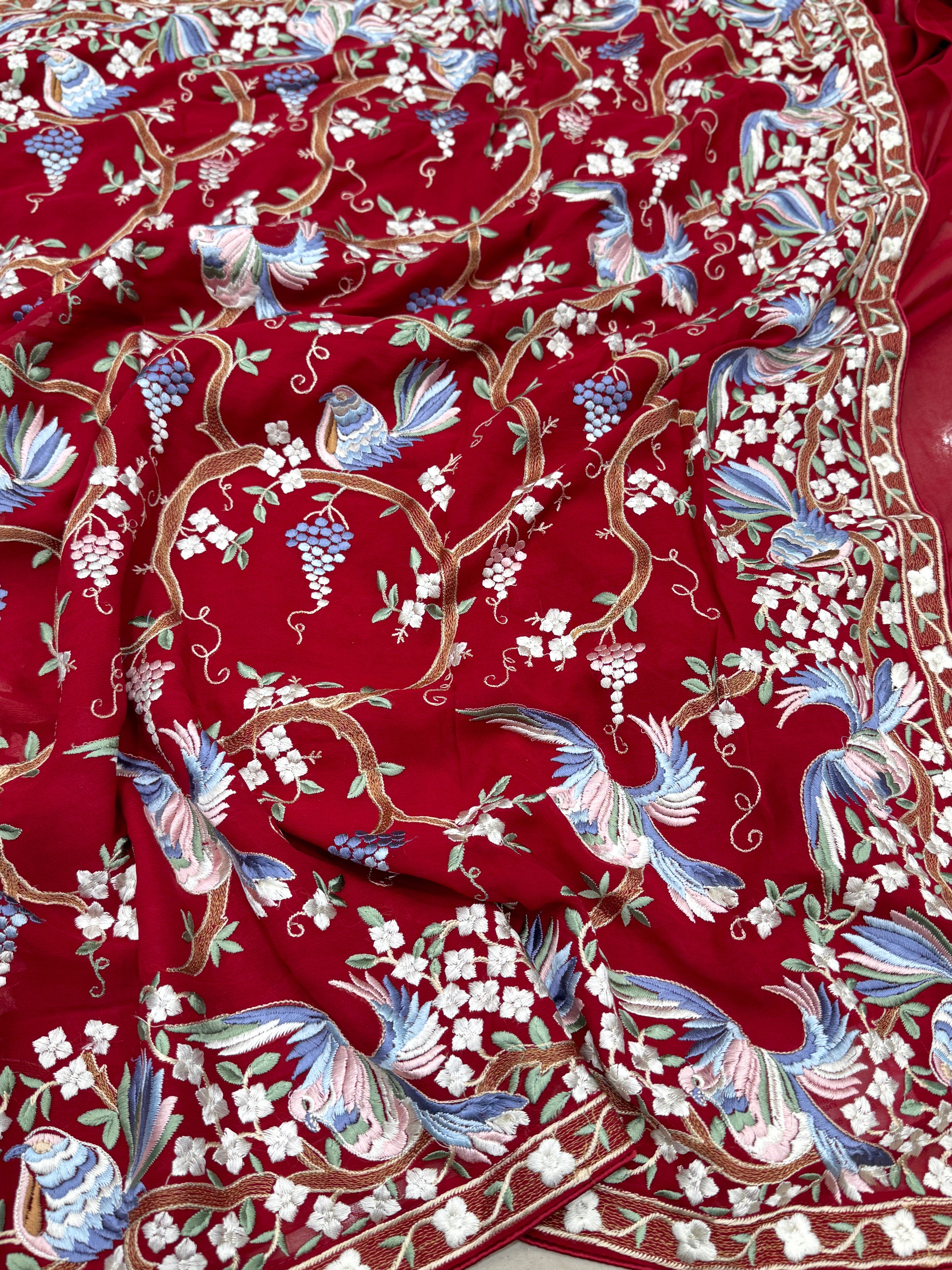 Red Georgette Parsi Gara Saree Chakla Chakli Design