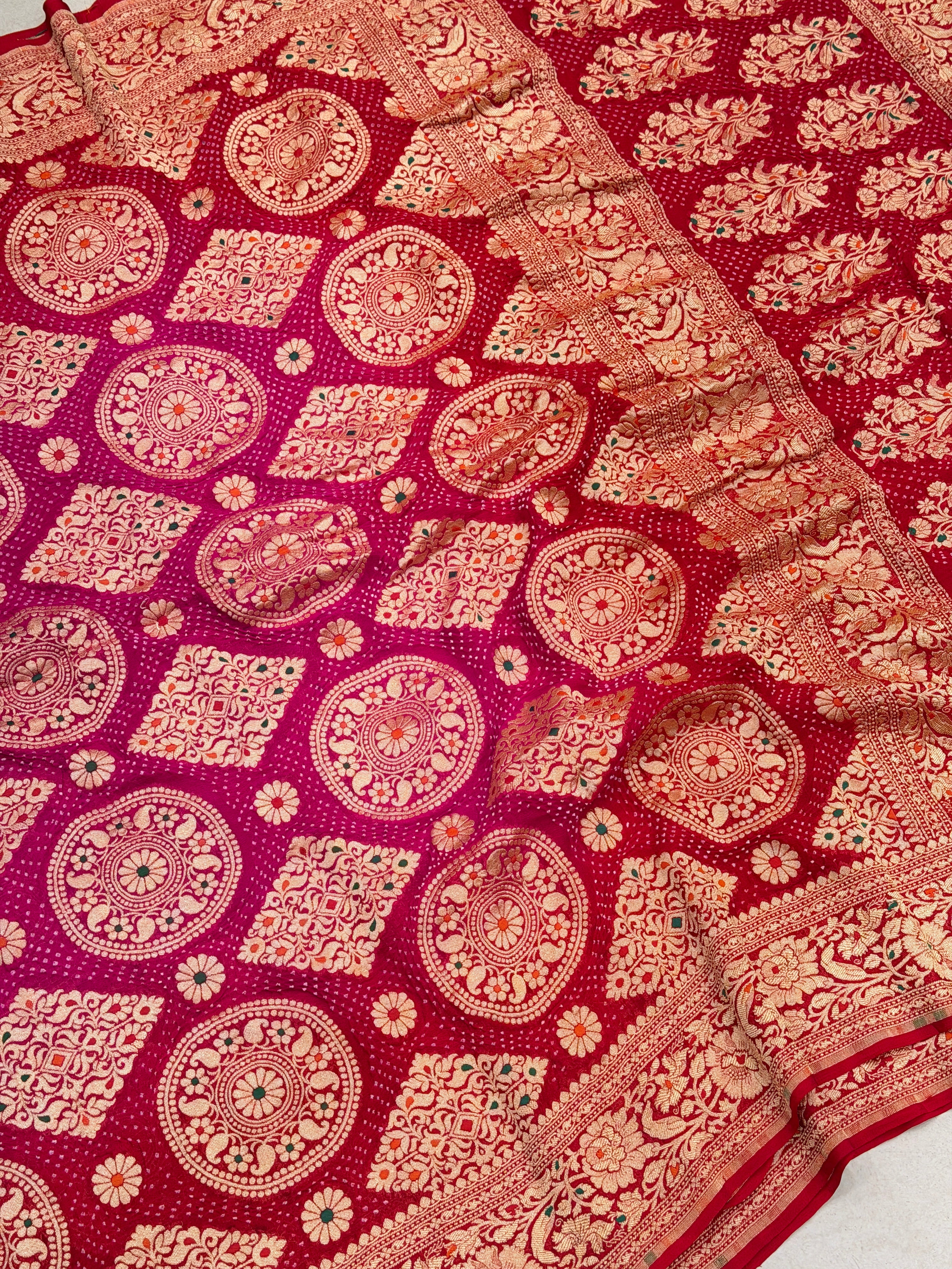 Shaded Rani Red Meenakari Pure Handloom Rai Bandhej Saree