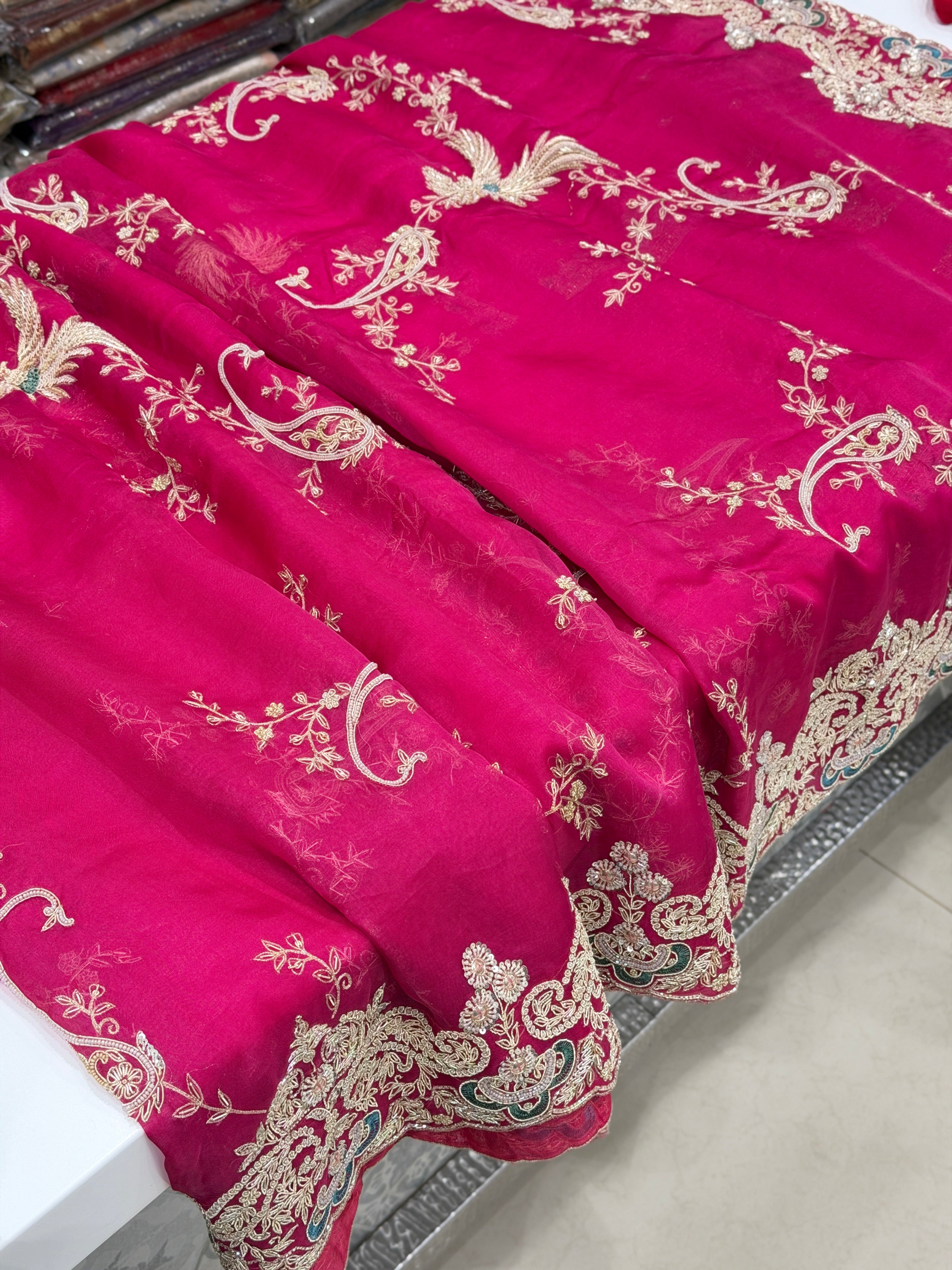 Rani Pink Organza Zardodi Phoneix Jaal Hand Embroidery Saree
