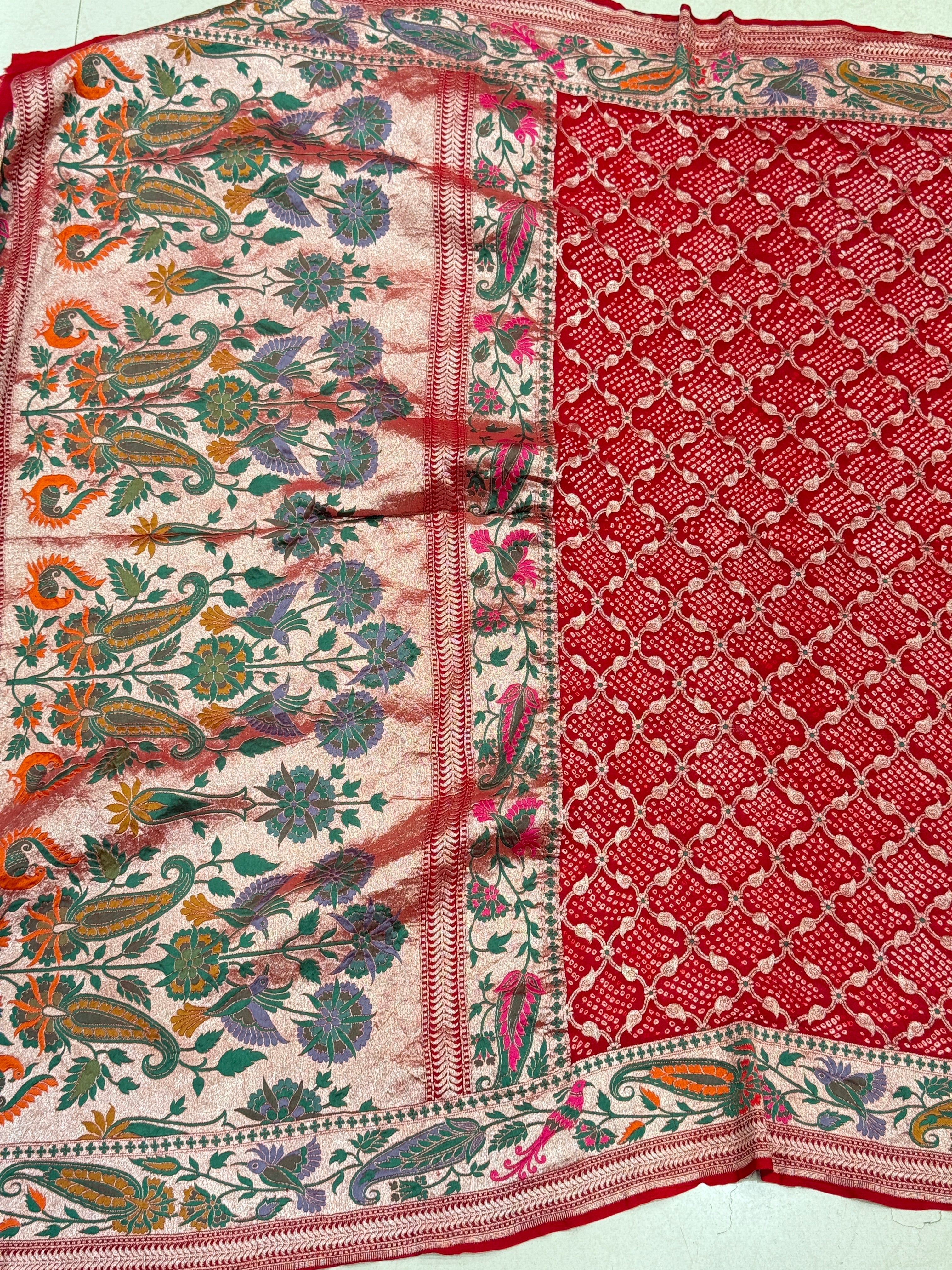 Red Handloom Floral Meenakari Rai Bandhej Pure Zari Dupatta