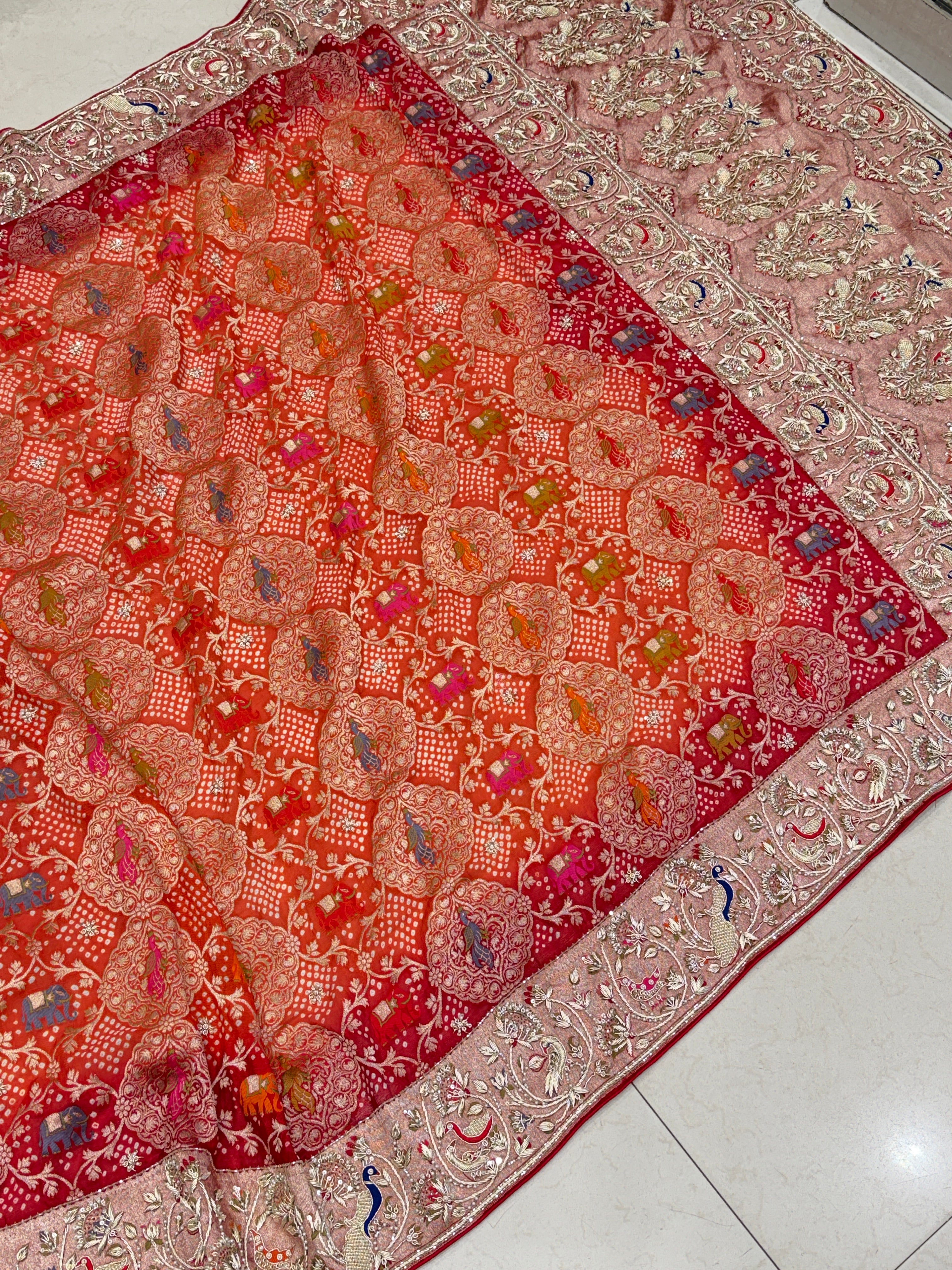 Shaded Meenakari Bandhej Zardosi Mor Hathi Jaal Saree