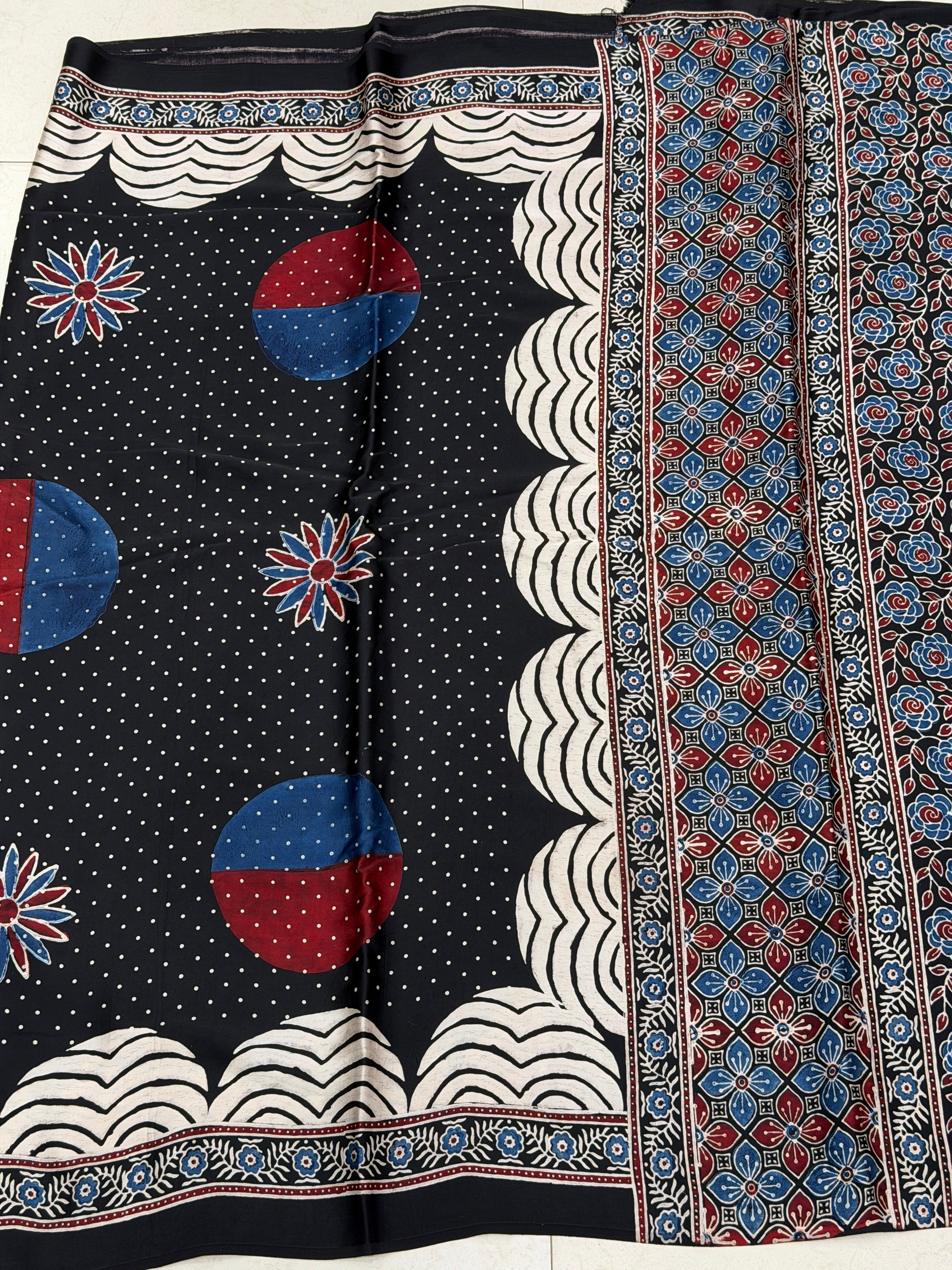 Black Sprinkled Dotts Ajrakh Hand Block Print Pure Modal Silk Saree