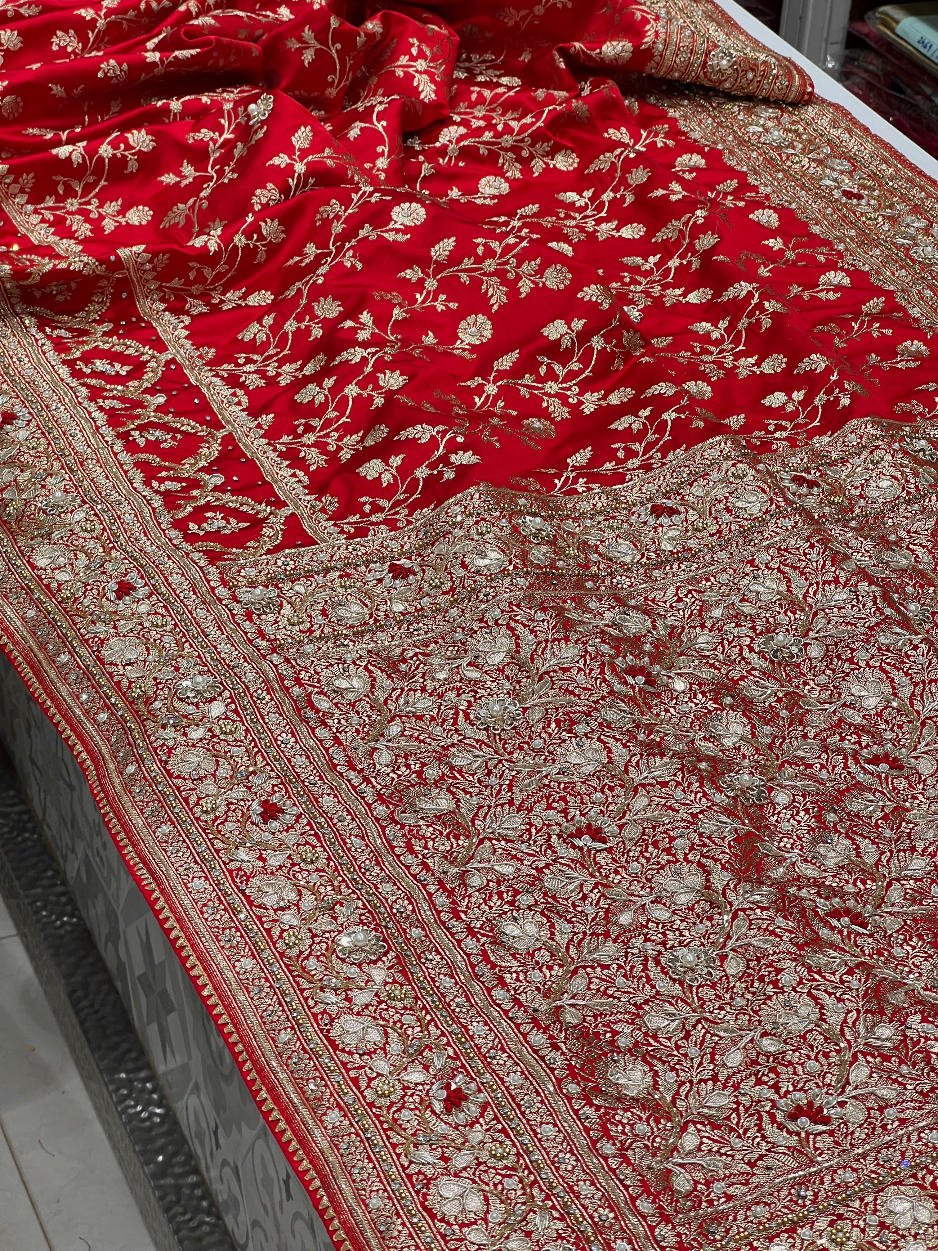 Red Banarasi Crown Border Zardosi Resham Hand Embroidery Saree