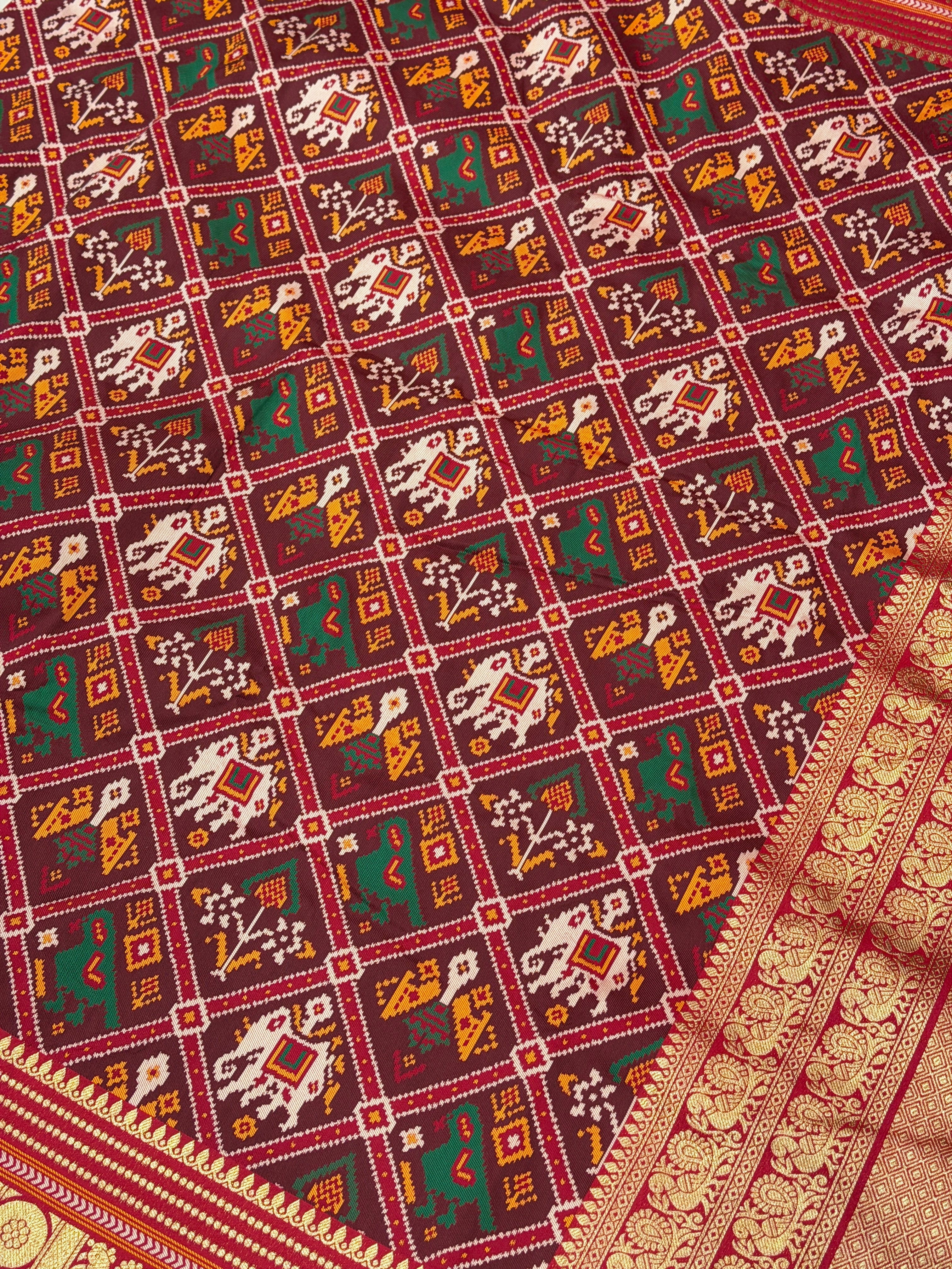 Red Checkered Kanchi Style Border Semi Silk Weaved Patan Patola Saree