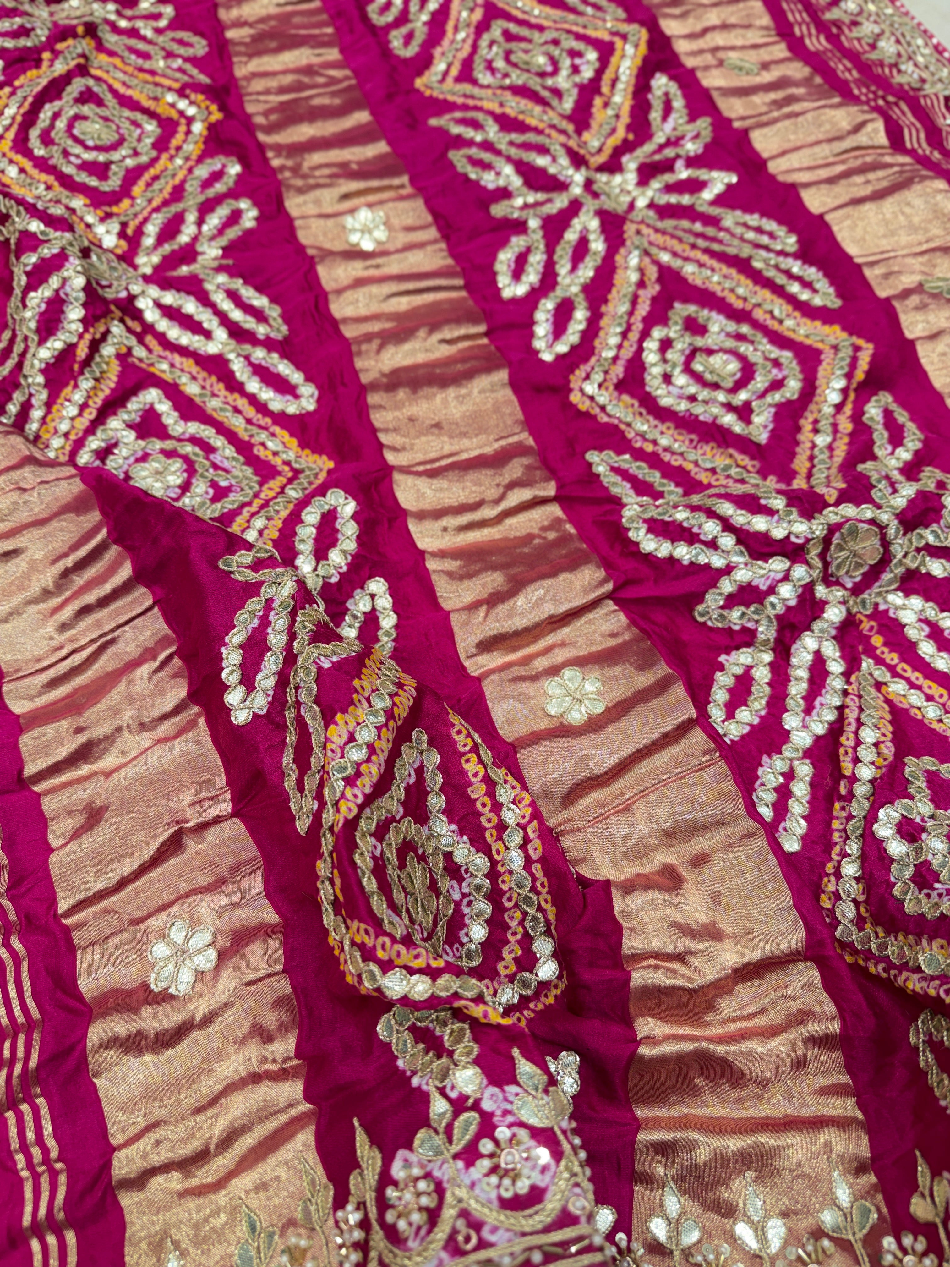 Rani Pink Gajji Silk Bandhej Gotapatti Hand Embroidery Saree
