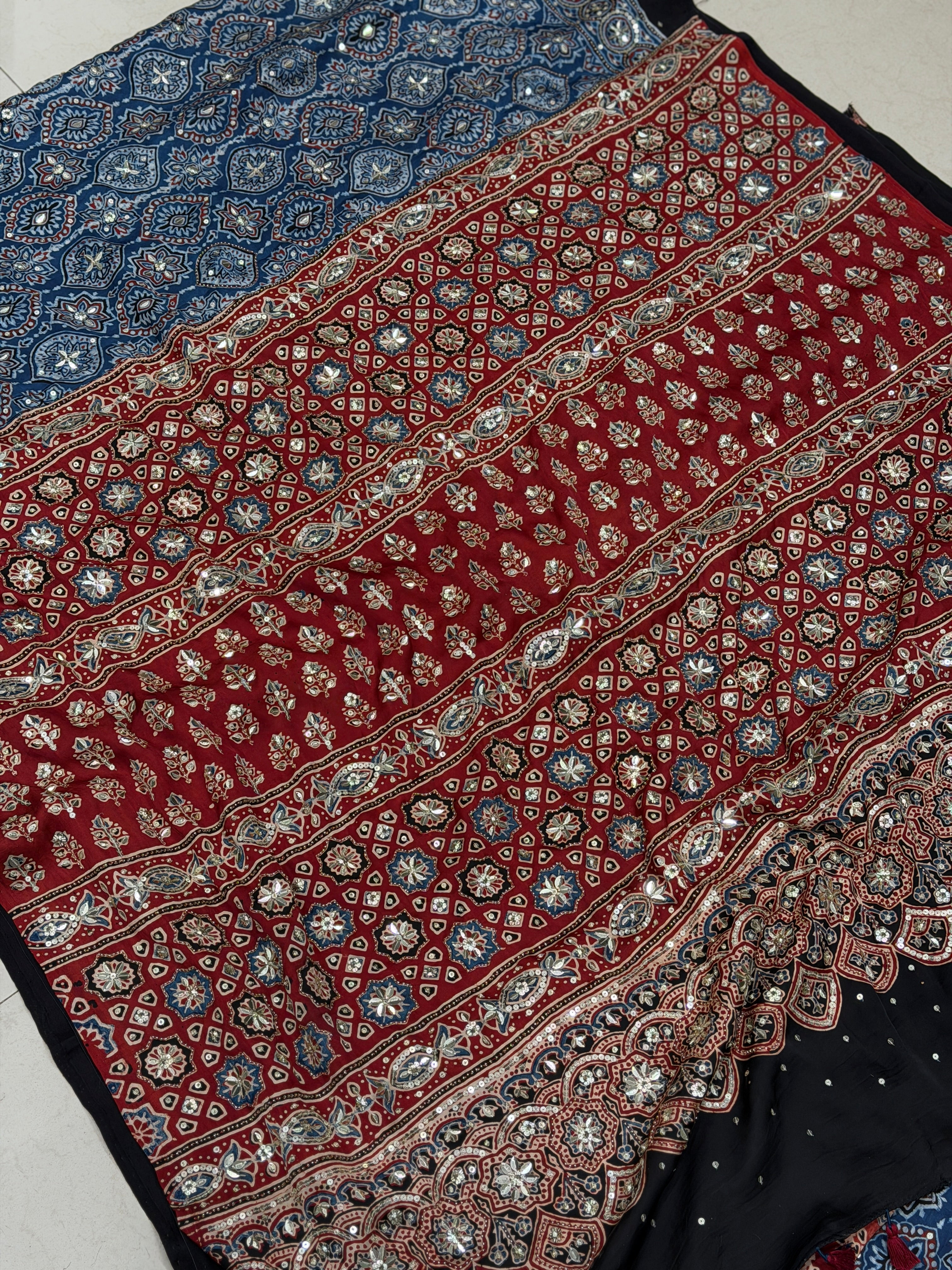 Blue Red Badam Butta Moti Sequin Ajrakh Hand Embroidery Saree