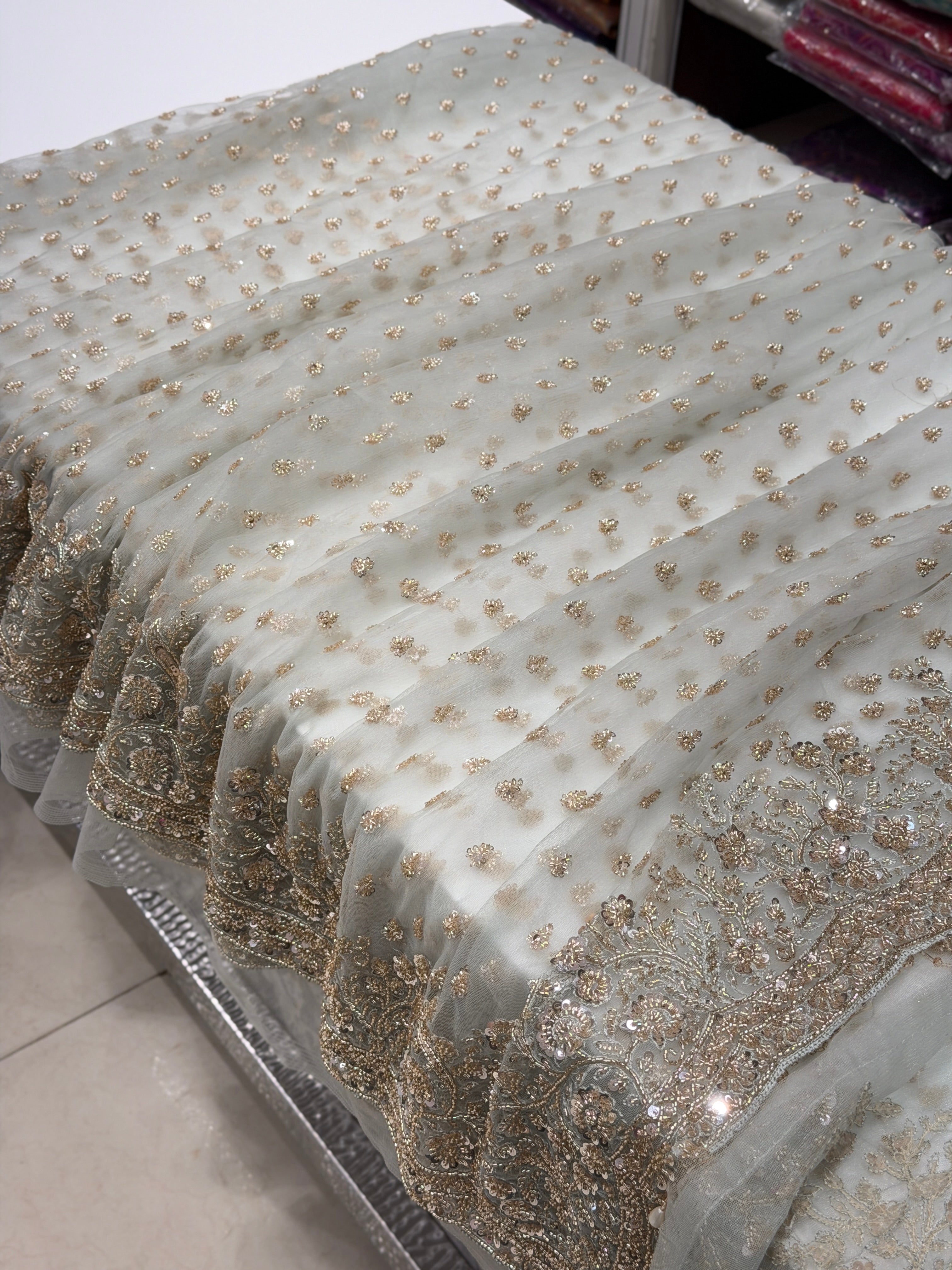 Light Blue Buttis Heavy Blouse Soft Net Embroidery Saree