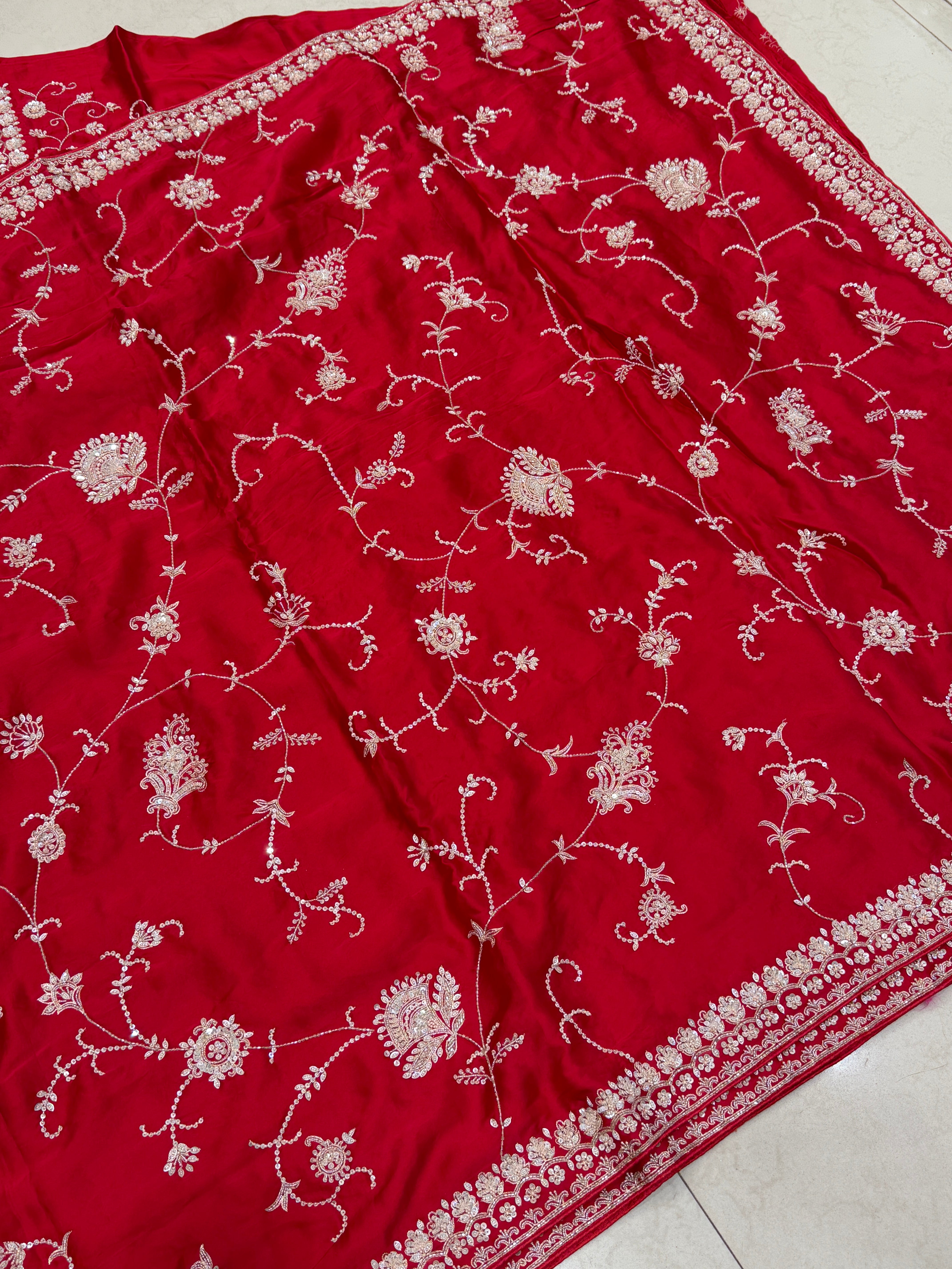 Red Satin Silk Moti Sequin Jaal Hand Embroidery Saree